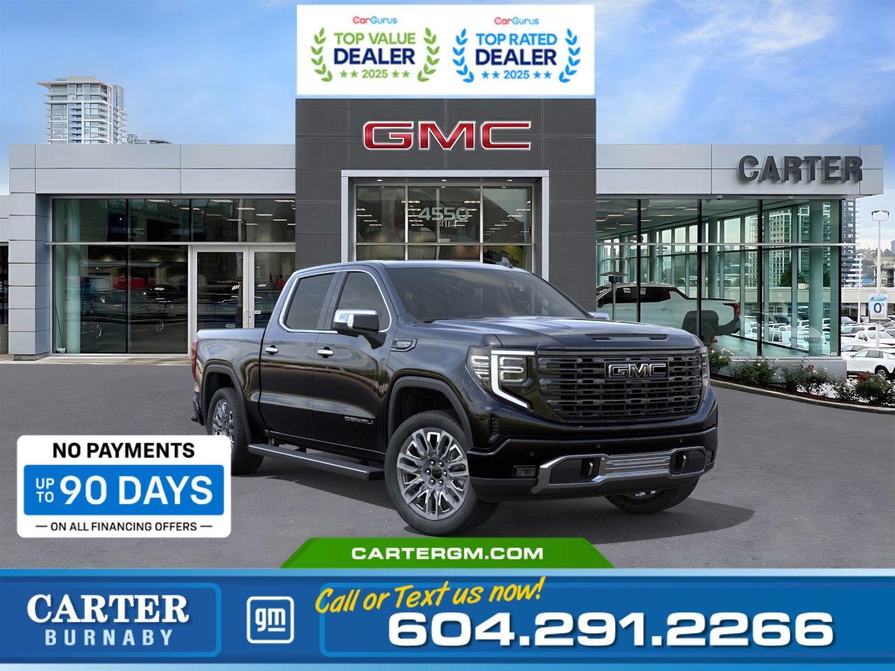 Purchase your new vehicle today and enjoy NO PAYMENTS FOR UP TO 90 DAYS. Upgrade with confidence, without stretching your budget!  The 2026 GMC Sierra 1500 Denali Ultimate sets the standard for luxury and capability with its 6.2L EcoTec3 engine and Denali Premium Suspension with Adaptive Ride Control. Designed for serious towing, it features the Trailering Package, Trailer Tire Pressure Monitoring, In-Vehicle Trailering App, Hitch Guidance, and Bed View Camera. Inside, premium comfort meets advanced tech with heated leather seating, a 12.3" driver display, 13.4" touchscreen, and a 15" Head-Up Display. Power-retractable MultiPro steps, a sunroof, and cutting-edge safety features add confidence to every drive.  Come take it for a test drive today and experience all this stylish vehicle has to offer!  WHY CARTER GM BURNABY?  - An unrivalled vehicle purchasing experience! - Exceeding our loyal customers expectations since 1963 - 4.5 Google star rating (with 2,175+ customer reviews) - Cargurus Top-rated Dealer 2025 Award - Cargurus Top Value Dealer 2025 Award - Peace of mind - 150-point vehicle inspection - CARFAX - full vehicle service history - purchase with confidence! - Vehicle trades welcome! Best price guaranteed! - We provide upfront pricing, zero hidden fees, and 100% transparency - Fast approvals and 99% acceptance rates (no matter your current credit status!) - Multilingual staff (many languages spoken) - Comfortable non-pressured environment with in-store television, WIFI and a childrens play area! - In-store restaurant: fresh daily menu        Were here to help you drive the vehicle you want, the vehicle you deserve! QUESTIONS? GREAT! WEVE GOT ANSWERS! To speak with a friendly vehicle specialist - CALL NOW! (Doc. Fee: $495.00 Dealer Code: D5505)