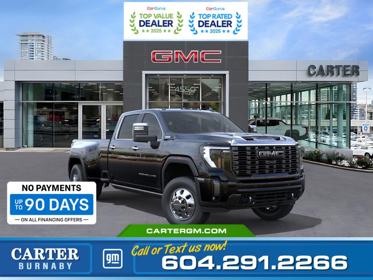 Purchase your new vehicle today and enjoy NO PAYMENTS FOR UP TO 90 DAYS. Upgrade with confidence, without stretching your budget!  The 2026 GMC Sierra 3500 HD Denali Ultimate sets the standard for power and luxury. Driven by a Duramax 6.6L Turbo-Diesel V8 and equipped with the X31 Off-Road Package, its ready for any challenge. The ProGrade Trailering System, MultiPro Tailgate, Bed View Camera, and Trailer Side Blind Zone Alert make towing effortless and secure. Inside, experience full-grain leather seating, heated second-row seats, a heated steering wheel, power sunroof, and advanced tech with a 12.3" Driver Display and 13.4" touchscreen.  Come take it for a test drive today and experience all this stylish vehicle has to offer!  WHY CARTER GM BURNABY?  - An unrivalled vehicle purchasing experience! - Exceeding our loyal customers expectations since 1963 - 4.5 Google star rating with 2,175+ customer reviews) - CarGurus Top-Rated Dealer 2025 Award - CarGurus Top Value Dealer 2025 Award - Vehicle trades welcome! Best price guaranteed! - We provide upfront pricing, zero hidden fees, and 100% transparency - Fast approvals and 99% acceptance rates (no matter your current credit status!) - Multilingual staff (many languages spoken) - Comfortable non-pressured environment with in-store television, WIFI and a childrens play area! - In-store restaurant: fresh daily menu        Were here to help you drive the vehicle you want, the vehicle you deserve! QUESTIONS? GREAT! WEVE GOT ANSWERS! To speak with a friendly vehicle specialist - CALL NOW! (Doc. Fee: $495.00 Dealer Code: D5505)