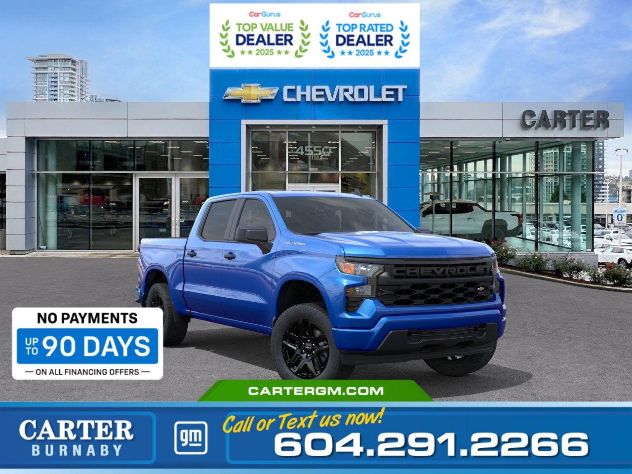 Purchase your new vehicle today and enjoy NO PAYMENTS FOR UP TO 90 DAYS. Upgrade with confidence, without stretching your budget!  The 2026 Chevrolet Silverado 1500 Custom is built for strength and smart capability. Powered by a 310-hp 2.7L TurboMax engine with four-wheel drive and a High-Capacity Suspension Package, its ready for tough jobs and rugged roads. The Custom Value Package adds convenience, while the Trailering Package with Hitch Guidance makes towing seamless. Inside, enjoy a 10-way power driver seat with lumbar support and advanced safety with StabiliTrak, HD Rear Vision Camera, Following Distance Indicator, and Tire Fill Alert.  Come take it for a test drive today and experience all this stylish vehicle has to offer!  WHY CARTER GM BURNABY?  - An unrivalled vehicle purchasing experience! - Exceeding our loyal customers expectations since 1963 - 4.5 Google star rating with 2,175+ customer reviews) - CarGurus Top-Rated Dealer 2025 Award - CarGurus Top Value Dealer 2025 Award - Vehicle trades welcome! Best price guaranteed! - We provide upfront pricing, zero hidden fees, and 100% transparency - Fast approvals and 99% acceptance rates (no matter your current credit status!) - Multilingual staff (many languages spoken) - Comfortable non-pressured environment with in-store television, WIFI and a childrens play area! - In-store restaurant: fresh daily menu        Were here to help you drive the vehicle you want, the vehicle you deserve! QUESTIONS? GREAT! WEVE GOT ANSWERS! To speak with a friendly vehicle specialist - CALL NOW! (Doc. Fee: $495.00 Dealer Code: D5505)