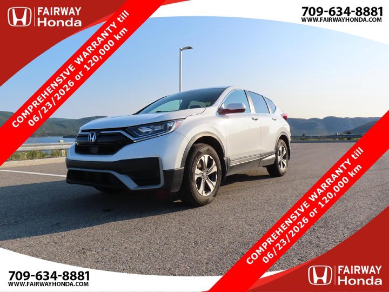 Recent Arrival!Odometer is 15944 kilometers below market average! Platinum White Pearl 2021 Honda CR-V LX EXTENDED WARRANTY till 06/23/2026 or 120,000 km AWD CVT 1.5L I4 Turbocharged DOHC 16V LEV3-ULEV50 190hp*Professionally Detailed*, *Market Value Pricing*, AWD, 17 Aluminum Alloy Wheels, 4 Speakers, 4-Wheel Disc Brakes, ABS brakes, Adaptive Cruise Control: Adaptive Cruise Control (ACC) with Low-Speed Follow, Air Conditioning, AM/FM radio, Apple CarPlay/Android Auto, Auto High-beam Headlights, Automatic temperature control, Brake assist, Bumpers: body-colour, Delay-off headlights, Driver door bin, Driver vanity mirror, Dual front impact airbags, Dual front side impact airbags, Electronic Stability Control, Exterior Parking Camera Rear, Fabric Seating Surfaces, Forward collision: Collision Mitigation Braking System (CMBS) + FCW mitigation, Four wheel independent suspension, Front anti-roll bar, Front dual zone A/C, Front reading lights, Heated door mirrors, Heated Front Bucket Seats, Illuminated entry, Low tire pressure warning, Occupant sensing airbag, Outside temperature display, Overhead airbag, Overhead console, Panic alarm, Passenger door bin, Passenger vanity mirror, Power door mirrors, Power steering, Power windows, Radio data system, Radio: 160-Watt AM/FM Audio System, Rear anti-roll bar, Rear window defroster, Rear window wiper, Remote keyless entry, Security system, Speed control, Speed-sensing steering, Split folding rear seat, Spoiler, Steering wheel mounted audio controls, Tachometer, Telescoping steering wheel, Tilt steering wheel, Traction control, Trip computer.Honda Certified Details:* 7 year / 160,000 km Power Train Warranty whichever comes first. This is an additional 2 year/60,000 kms beyond the original factory Power Train warranty. Honda Certified Used Vehicles also have the option to upgrade to a Honda Plus Extended Warranty* Multipoint Inspection* 7 day/1,000 km exchange privilege whichever comes first* Exclusive finance rates on Certified Pre-Owned Honda models* Vehicle history report. Access to MyHonda* 24 hours/day, 7 days/weekFairway Honda - Community Driven!