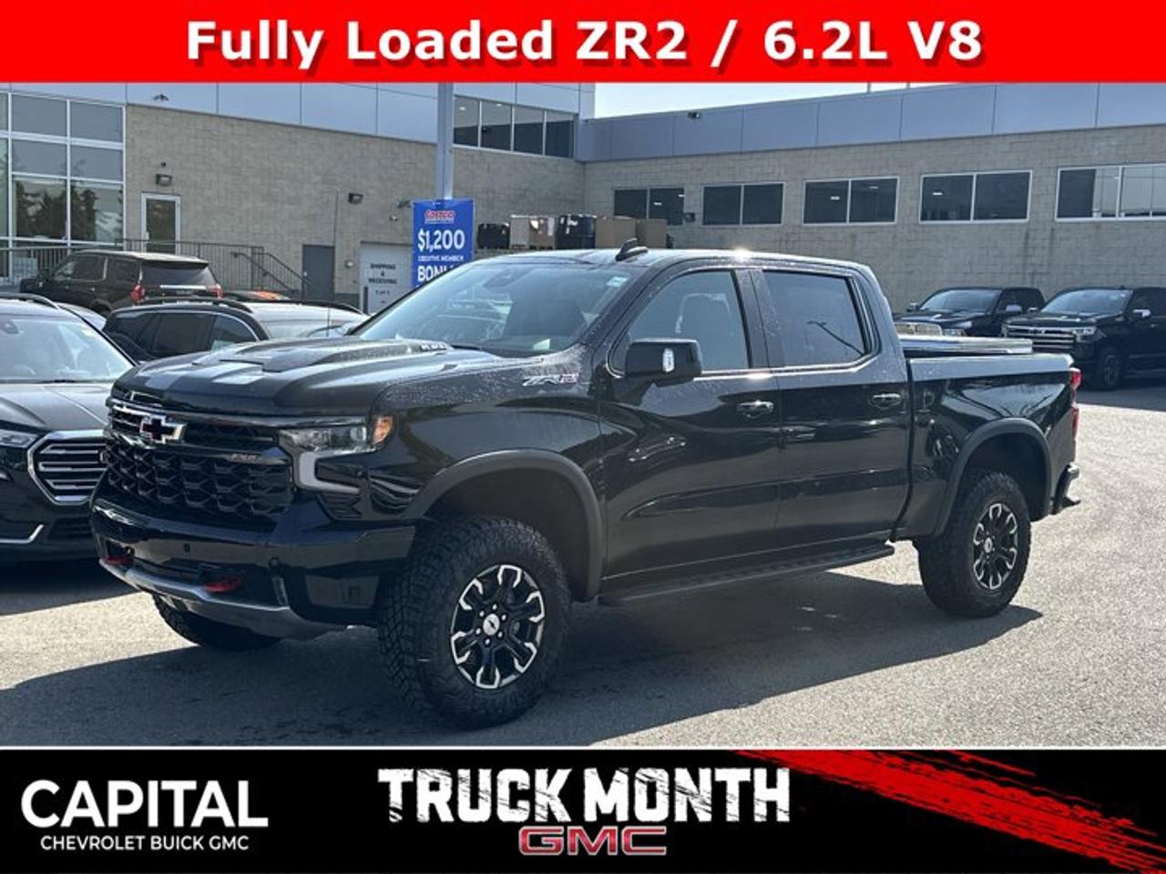 Accessories include tonneau cover.This Chevrolet Silverado 1500 boasts a Gas V8 6.2L/376 engine powering this Automatic transmission. ZR2 PREFERRED EQUIPMENT GROUP includes standard equipment, TRANSMISSION, 10-SPEED AUTOMATIC WITH ELECTRONIC TRANSMISSION RANGE SELECTOR (ETRS), electronically controlled with overdrive, tow-haul mode and steering column paddle shifters. Includes Cruise Grade Braking and Powertrain Grade Braking, SUNROOF, POWER on Crew Cab models.*This Chevrolet Silverado 1500 Comes Equipped with These Options *REAR AXLE, 3.23 RATIO, LPO, OFF-ROAD HIGH CLEARANCE STEPS (dealer-installed), LICENSE PLATE KIT, FRONT, GVWR, 7100 LBS. (3221 KG), ENGINE, 6.2L ECOTEC3 V8 (420 hp [313 kW] @ 5600 rpm, 460 lb-ft of torque [624 Nm] @ 4100 rpm); featuring Dynamic Fuel Management that enables the engine to operate in 17 different patterns between 2 and 8 cylinders, depending on demand, to optimize power delivery and efficiency, ENGINE BLOCK HEATER, ACTIVE EXHAUST Dual, sport-mode enabled, Wireless Phone Projection for Apple CarPlay and Android Auto, Wireless charging (Not compatible with all phones. Compliant batteries include QI and PMA technologies. Reference Mobile devices manual to confirm what type of battery it uses.), Wipers, front rain-sensing.*Stop By Today *Test drive this must-see, must-drive, must-own beauty today at Capital Chevrolet Buick GMC Inc., 13103 Lake Fraser Drive SE, Calgary, AB T2J 3H5.