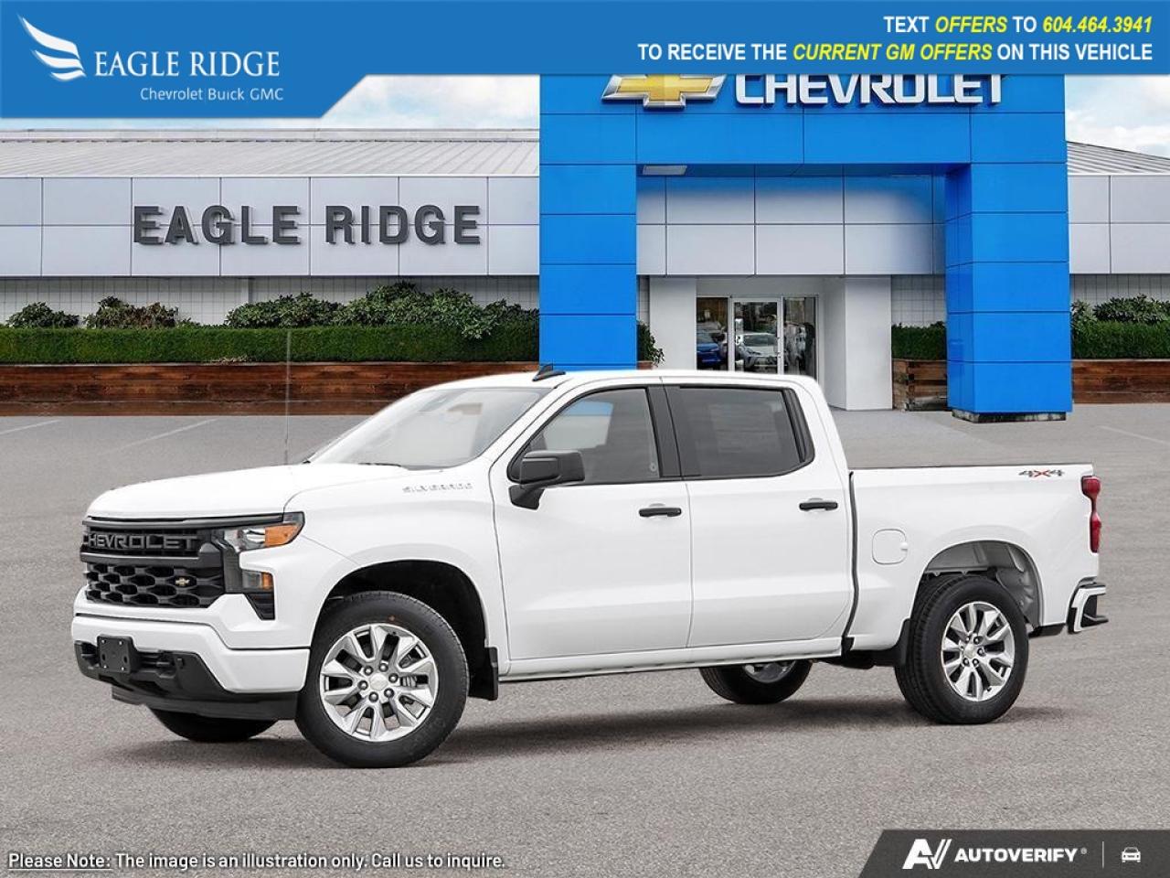New 2026 Chevrolet Silverado 1500 Custom X4, high-capacity suspension, approx. 11.2L/100km highway, 20-inch alloy wheels, LED headlights, LED bed lighting, EZ Lift power lock/release tailgate, 2-inch receiver hitch, 120V outlet, for sale in Coquitlam, BC