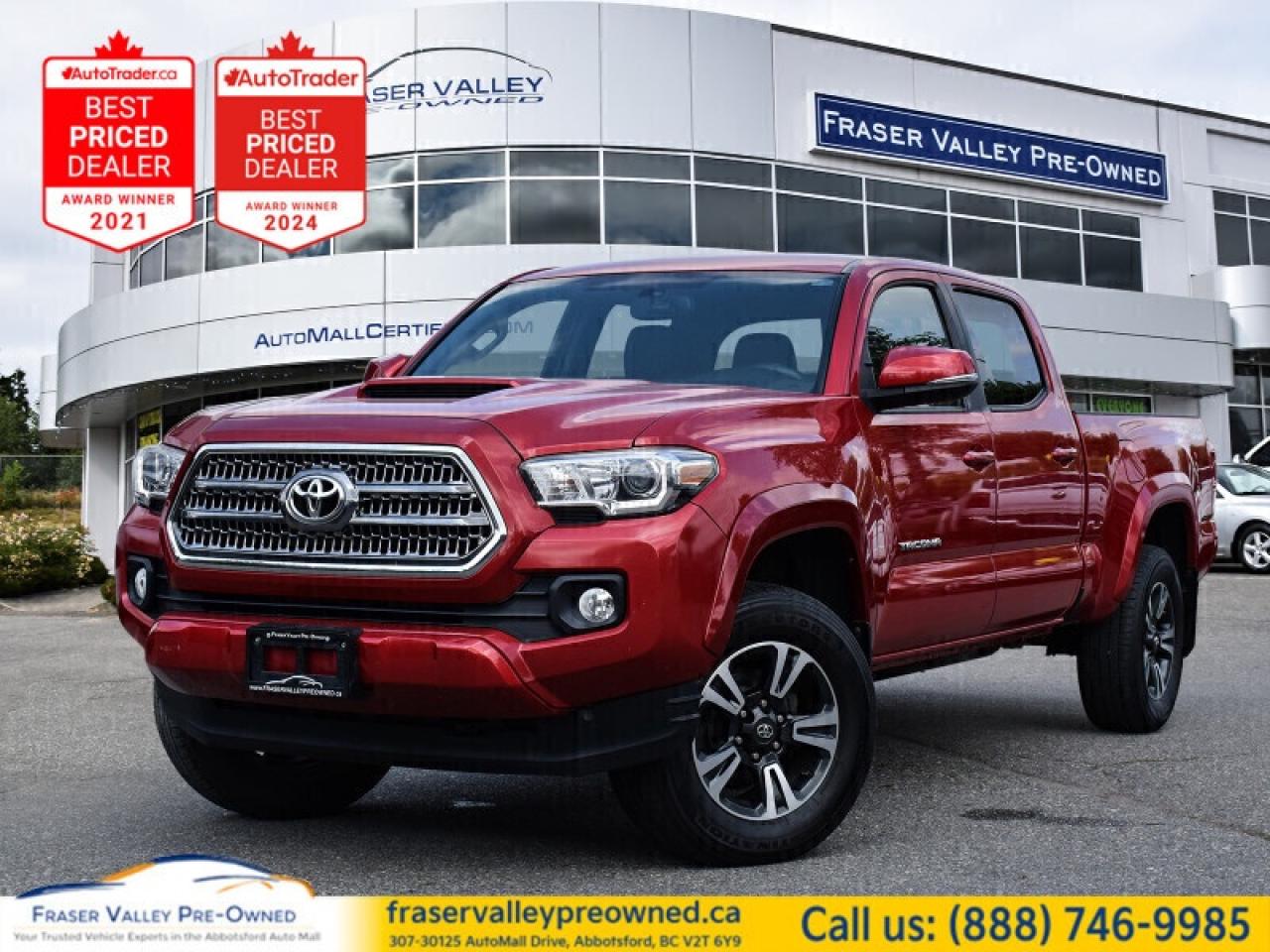 Fraser Valley Pre-Owned is proud to offer this 2016 Toyota Tacoma Double Cab TRD Sport 4x4, finished in Barcelona Red Metallic — a deep, rich paint color that sparkles with metallic flake under sunlight and turns heads wherever it goes.
 
This one is BC local, one owner, with a clean history (no accidents) and an incredible 12-record service history. With just 59,643 km, it’s obvious this truck was loved and maintained the right way — the condition proves it from every angle.
 
Loaded Highlights:
• 3.5L V6 Engine – dependable power with smooth delivery
• 6-Speed Automatic Transmission – crisp and efficient shifts
• 4x4 Drivetrain – ready for trails, job sites, or daily use
• TRD Sport Package – sport-tuned suspension, hood scoop, body-color trim
• Double Cab – full rear seating for family or crew
• Heated Front Seats – comfort through every season
• Navigation System – simple, clear, and responsive
• Backup Camera – easy maneuvering, even in tight spots
• Dual-Zone Climate Control – comfort for driver and passenger
• Push Button Start & Smart Key Entry – convenience built in
• Power Sliding Rear Window – fresh air in seconds
• Premium Audio with Touchscreen – clean sound and simple controls
• Apple CarPlay & Android Auto – seamless smartphone connectivity
• Fog Lamps & LED Daytime Running Lights – signature TRD look
 
This Tacoma is as solid as they come — tight steering, smooth ride, and that unmistakable Toyota durability. Trucks like this don’t show up often, and when they do, they don’t stay long.
 
If you’ve been looking for a low-kilometer, clean, fully serviced TRD Sport Tacoma, this is the one. Looks amazing, drives even better, and it’s built to last.
 
To apply right now for financing use this link : https://www.fraservalleypreowned.ca/abbotsford-car-loan-application-british-columbia
 
 

| Our Quality Guarantee: We maintain the highest standard of quality that is required for a Pre-Owned Dealership to operate in an Auto Mall. We provide an independent 360-degree inspection report through licensed 3rd Party mechanic shops. Thus, our customers can rest assured each vehicle will be a reliable, and responsible purchase.  |  Purchase Disclaimer: Your selected vehicle may have a differing finance and cash prices. When viewing our vehicles on third party  marketplaces, please click over to our website to verify the correct price for the vehicle. The Sale Price on third party websites will always reflect the Finance Price of our vehicles. If you are making a Cash Purchase, please refer to our website for the Cash Price of the vehicle.  | All prices are subject to and do not include, a $995 Finance Fee, a $995 Document Fee, and a $150 GPS Lot Security fee.   These fees as well as taxes, are included in all listed listed payment quotes. Please speak with Dealer for full details and exact numbers.  o~o
