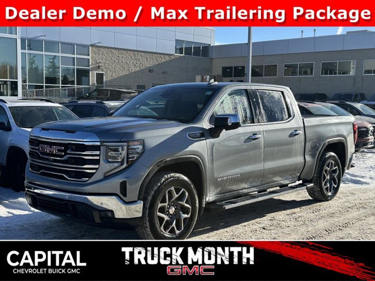 Accessories include: Tonneau cover and paint protection film.This GMC Sierra 1500 boasts a Gas V8 5.3L/325 engine powering this Automatic transmission. TRANSMISSION, 10-SPEED AUTOMATIC WITH ELECTRONIC PRECISION SHIFT, ELECTRONICALLY CONTROLLED with overdrive, and tow/haul mode and steering column paddle shifters. Includes Cruise Grade Braking and Powertrain Grade Braking, SUNROOF, POWER, SLT PREMIUM PLUS PACKAGE includes (PCY) SLT Convenience Package, (PDY) SLT Preferred Package, (PED) Sierra Safety Plus Package, (ZL6) ProGrade Trailering system, (NZD) 20 Polished aluminum wheels, (BVT) Chrome assist steps and (CGN) spray-on bedliner..*This GMC Sierra 1500 Features the Following Options *MAX TRAILERING PACKAGE includes 9.76 rear axle, (GU6) 3.42 axle ratio, enhanced cooling radiator, revised shock tuning for increased control, heavier duty rear springs, increased RGAWR and (KW5) 220-amp alternator , PREMIUM FLOOR LINERS WITH REMOVABLE CARPET INSERT, FRONT, LPO, BODY COLOUR WHEEL ARCH MOULDINGS (dealer-installed), GVWR, 7300 LBS. (3311 KG), ENGINE, 5.3L ECOTEC3 V8 (355 hp [265 kW] @ 5600 rpm, 383 lb-ft of torque [518 Nm] @ 4100 rpm); featuring Dynamic Fuel Management (STD), ENGINE BLOCK HEATER, BEDLINER, SPRAY-ON Pickup bedliner with GMC logo, 3 YEARS SIRIUSXM, Wireless, Apple CarPlay / Wireless Android Auto, Wipers, front rain-sensing.*Visit Us Today *Treat yourself- stop by Capital Chevrolet Buick GMC Inc. located at 13103 Lake Fraser Drive SE, Calgary, AB T2J 3H5 to make this car yours today!