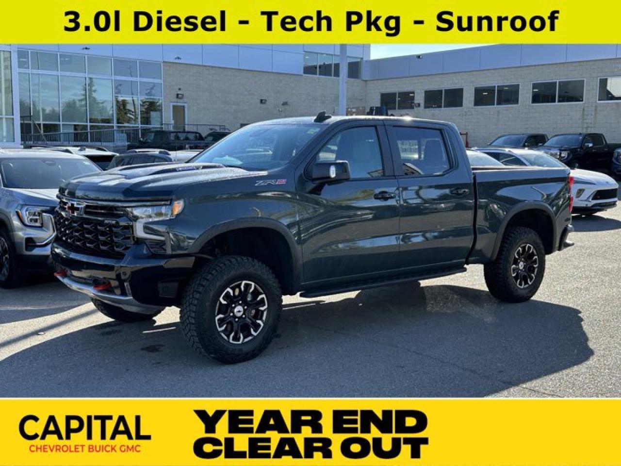 This Chevrolet Silverado 1500 delivers a Turbocharged Diesel I6 3.0L/ engine powering this Automatic transmission. ENGINE, DURAMAX 3.0L TURBO-DIESEL I6 (305 hp [227 kW] @ 3750 rpm, 495 lb-ft of torque [671 Nm] @ 2750 rpm) (Includes (KW5) 220-amp alternator and (K05) engine block heater.) (STD), ZR2 Suspension Package High-Performance lifted suspension with Multimatic DSSV dampers, Wireless Phone Projection for Apple CarPlay and Android Auto.*This Chevrolet Silverado 1500 Comes Equipped with These Options *Wipers, front rain-sensing, Windows, power rear, express down, Window, power, rear sliding with rear defogger, Window, power front, passenger express up/down, Window, power front, drivers express up/down, Wi-Fi Hotspot capable (Terms and limitations apply. See onstar.ca or dealer for details.), Wheels, 18 x 8.5 (45.7 cm x 21.6 cm) aluminum machined face with Black Painted spokes and Oxide Gold painted outer ring accents, Wheelhouse liners, rear, Wheel, 18 aluminum spare, USB Ports, rear, dual, charge-only.* Stop By Today *For a must-own Chevrolet Silverado 1500 come see us at Capital Chevrolet Buick GMC Inc., 13103 Lake Fraser Drive SE, Calgary, AB T2J 3H5. Just minutes away!