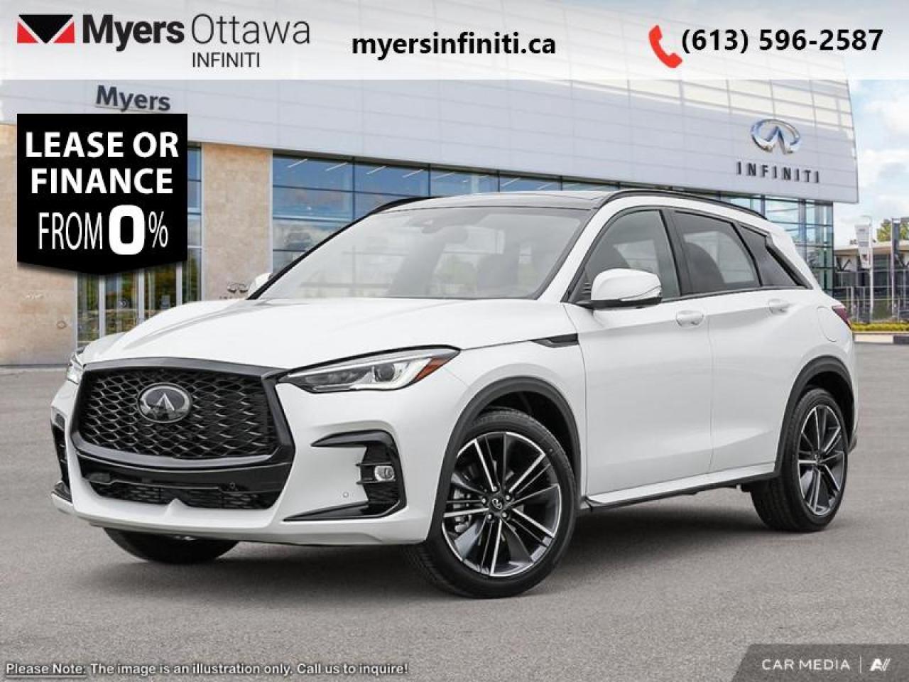 <br> <br>IFS Bonus  With luxury reimagined and style reinvented, this 2025 Infiniti QX50 is refined for those who demand more. $1500 OFF with Lease or Finance IFS<br> <br> This radiant white pearl tintcoat SUV  has an automatic transmission and is powered by a  268HP 2.0L 4 Cylinder Engine.<br> <br> Our QX50s trim level is SPORT. <br><br> <br>To apply right now for financing use this link : <a href=https://www.myersinfiniti.ca/finance/ target=_blank>https://www.myersinfiniti.ca/finance/</a><br><br> <br/> Total  rebate of $1500 is reflected in the price.   0% financing for 60 months. 0.99% financing for 84 months. <br> Buy this vehicle now for the lowest bi-weekly payment of <b>$412.74</b> with $0 down for 84 months @ 0.99% APR O.A.C. ( taxes included, $921  and licensing fees **Rebates may not be applicable on all purchase types [cash, lease, or finance]. Eligibility and conditions may vary. Please see dealer for full details and confirmation of eligibility.    ).  Incentives expire 2025-10-31.  See dealer for details. <br> <br><br> Come by and check out our fleet of 30+ used cars and trucks and 110+ new cars and trucks for sale in Ottawa.  o~o