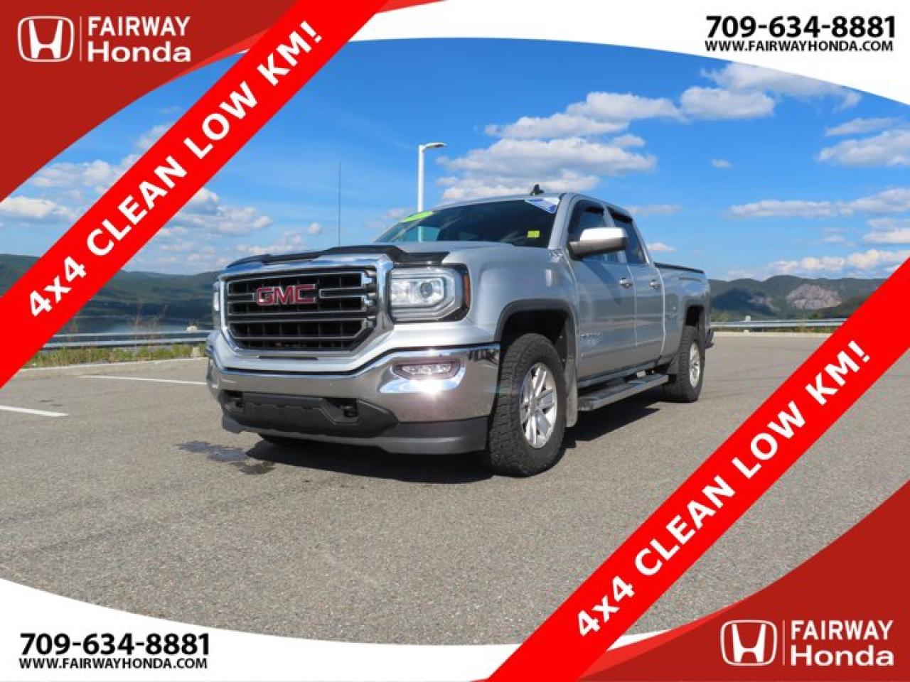 Recent Arrival!Odometer is 65096 kilometers below market average! Quicksilver Metallic 2017 GMC Sierra 1500 SLE 4x4 CLEAN LOW KM! 4WD 6-Speed Automatic Electronic with Overdrive EcoTec3 5.3L V8*Professionally Detailed*, *Market Value Pricing*, 6-Speed Automatic Electronic with Overdrive, 4WD, Dark Ash/Jet Black w/Cloth Seat Trim, 150 Amp Alternator, 2-Speed Active Electronic AutoTrac Transfer Case, 4-Wheel Disc Brakes, 4.2 Diagonal Colour Display Driver Info Centre, 40/20/40 Front Split Bench Seat, 6 Speakers, 6-Speaker Audio System, ABS brakes, Air Conditioning, AM/FM radio: SiriusXM, Body Colour Bodyside Mouldings, Body Colour Door Handles, Body Colour Pwr Adjustable Heated Outside Mirrors, Body-Colour Mirror Caps, Brake assist, Bumpers: chrome, CD player, Cloth Seat Trim, Colour-Keyed Carpeting, Compass, Deep-Tinted Glass, Delay-off headlights, Driver & Front Passenger Illuminated Vanity Mirrors, Driver door bin, Driver vanity mirror, Dual front impact airbags, Dual front side impact airbags, Electronic Stability Control, Emergency communication system: OnStar Guidance, Exterior Parking Camera Rear, EZ Lift & Lower Tailgate, Front anti-roll bar, Front Frame-Mounted Black Recovery Hooks, Front reading lights, Front wheel independent suspension, Fully automatic headlights, HD Radio, Heated door mirrors, Heavy Duty Suspension, Heavy-Duty Rear Locking Differential, High-Intensity Discharge Headlights, Illuminated entry, Leather Wrapped Steering Wheel w/Cruise Controls, LED Cargo Box Lighting, Low tire pressure warning, Occupant sensing airbag, OnStar 6 Month Guidance Plan, OnStar w/4G LTE, Outside temperature display, Overhead airbag, Overhead console, Panic alarm, Passenger door bin, Passenger vanity mirror, Power door mirrors, Power steering, Power windows, Power Windows w/Driver Express Up & Down, Premium audio system: IntelliLink, Radio data system, Radio: AM/FM Stereo w/8 Diagonal Colour Touch Screen, Rear 60/40 Folding Bench Seat (Folds Up), Rear reading lights, Rear step bumper, Rear Vision Camera, Rear Wheelhouse Liners, Remote Keyless Entry, Remote keyless entry, Remote Locking Tailgate, Rubberized-Vinyl Front Floor Mats, Rubberized-Vinyl Rear Floor Mats, Single Slot CD/MP3 Player, Single-Zone Air Conditioning, SiriusXM Satellite Radio, Speed control, Speed-sensing steering, Split folding rear seat, Steering Wheel Audio Controls, Steering wheel mounted audio controls, Tachometer, Tilt steering wheel, Traction control, Trip computer, Variably intermittent wipers, Voltmeter, Wheels: 17 x 8 Bright Machined Aluminum.Certification Program Details: 85 Point Inspection Top Up Fluids Brake Inspection Tire Inspection Fresh 2 Year MVI Fresh Oil ChangeFairway Honda - Community Driven!