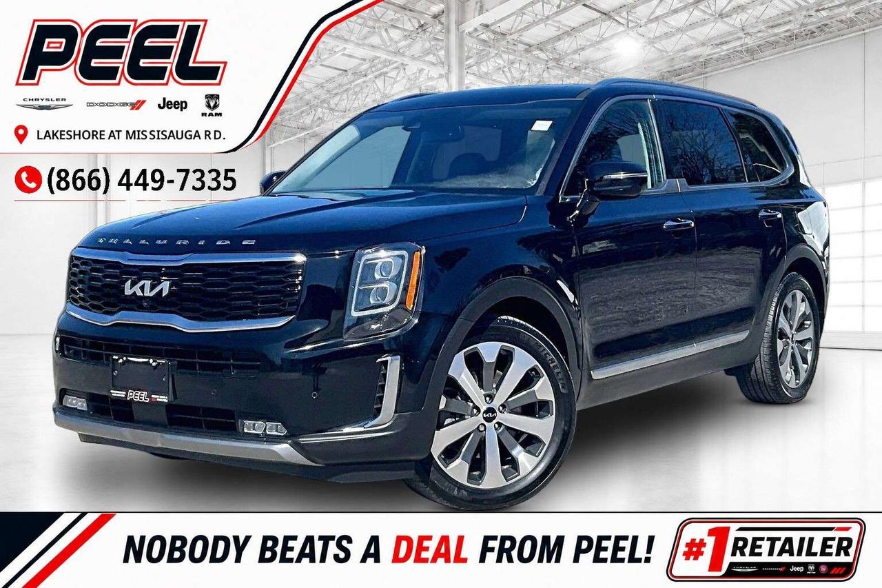 COME SEE WHY NOBODY BEATS A DEAL FROM PEEL! Your Source for ALL make and models used cars and trucks. 2022 Kia Telluride SX AWD | 3.8L V6 Engine | Ebony Black | 8-passenger Seating | Heated & Ventilated Espresso Brown Leather Seats | Touchscreen Display w/ Navigation | Power Sunroof | Harman/Kardon High Performance Audio System | Apple CarPlay & Android Auto | Qi Smartphone Wireless Charging Pad | Heated Steering Wheel | Remote Start | 360 Surround View Camera System | Adaptive Cruise Control | Lane Keep Assist | Forward Collision Warning | Blind Spot Monitoring | Power Liftgate One of the most sought-after three-row SUVs on the market, this 2022 Kia Telluride SX AWD in Ebony Black delivers premium comfort, strong V6 performance, and true family practicality in one package, powered by the 3.8L V6 producing 291 hp and 262 lb-ft of torque for smooth, confident acceleration whether fully loaded or cruising on the highway. Inside, the Espresso Brown leather interior sets it apart with heated and ventilated seats, a heated steering wheel, 8-passenger seating, a power sunroof, and a spacious, upscale cabin that feels more luxury than mainstream, while the touchscreen with navigation, Apple CarPlay and Android Auto, wireless charging, and a Harman Kardon audio system keep everything modern and connected. Advanced driver assistance like Adaptive Cruise Control, Lane Keep Assist, Forward Collision Warning, Blind Spot Monitoring, and a 360 Surround View Camera make daily driving and parking far less stressful. Finished with a power liftgate for added convenience, this SX is the top-tier Telluride buyers search for because it delivers space, comfort, and technology in a package that holds its value and exceeds expectations. ______________________________________________________ FREE CarFax included! Click the CarFax link in the listing to view the report. Our advertised prices are for consumers/end users only and are not intended for dealer, wholesale, exporter, or broker purchases. ______________________________________________________ Peel Chrysler is based in Port Credit, Mississauga, and proudly serves customers across Ontario and Canada, including Toronto, Oakville, North York, Richmond Hill, Ajax, Hamilton, Niagara Falls, Brampton, Scarborough, Vaughan, London, Windsor, Cambridge, Kitchener, Waterloo, Brantford, Sarnia, Pickering, Huntsville, Milton, Woodbridge, Aurora, Newmarket, Orangeville, Georgetown, Markham, North Bay, Sudbury, Barrie, Oshawa, Kingston, Innisfil, and surrounding areas. Browse our selection of used cars, trucks, SUVs, vans, Ram, Jeep, Dodge, Chrysler, FIAT, and all makes and models at peelchrysler.com. ______________________________________________________ Disclaimer: Prices are for consumer/end-user purchases only. Advertised prices are all-in and include all dealer fees and charges, including the $499 loan processing fee where applicable, except HST, Fuel and Licensing, unless otherwise stated. Payments, rates, and terms are subject to approved credit and may change without notice. If a trade-in has an outstanding loan balance and Peel Chrysler is required to facilitate the lien payout, a $349 lien payout fee applies. Most pre-owned vehicles originally come with two keys; however, all Peel Chrysler pre-owned vehicles come standard with one key unless otherwise stated. Vehicle images may be digitally adjusted or enhanced for presentation purposes and may not always reflect the exact appearance of the vehicle. While we make every effort to ensure accuracy, vehicle details, features, options, materials, history, specifications, pricing, availability, and CarFax information should be verified with Peel Chrysler before purchase.