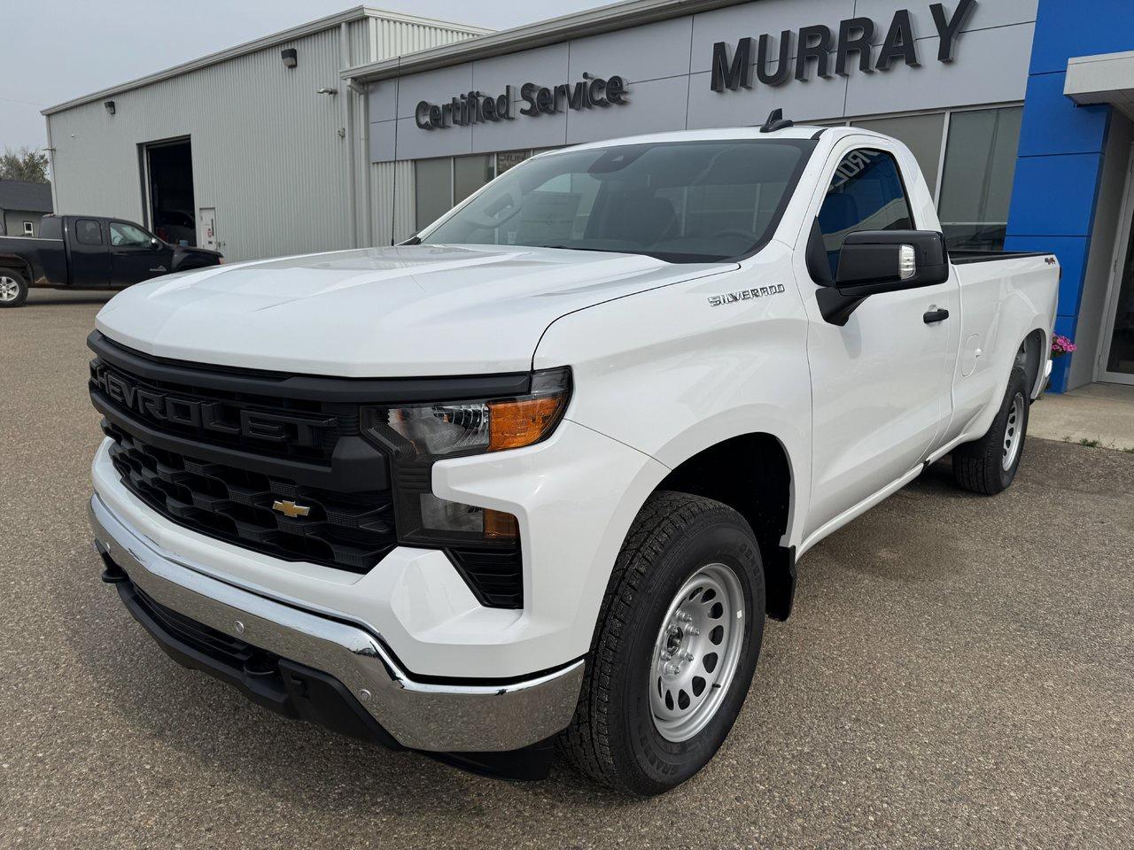 Ready to tackle the day, our 2026 Chevrolet Silverado 1500 W/T Regular Cab 4X4 in Summit White delivers unstoppable confidence with fleet-friendly simplicity and the muscle to handle heavy workloads with ease. Motivated by a 5.3 Liter V8 offering 355hp to a 10 Speed Automatic transmission engineered for strong towing and hauling. This Four Wheel Drive truck also has an impressively capable suspension for extra comfort on big jobs, and it sees approximately 11.8L/100km on the highway. Our Silverado makes a powerful impression with a premium grille, LED lighting, black bumpers, matching mirror caps, a rear CornerStep, and convenient cab-mounted cargo lamps. Its a handsome exterior that helps you stand out from the crowd! When you get behind the wheel, our Work Truck cabin delivers key features to help conquer your daily challenges, starting with supportive seats, a tilt-adjustable steering wheel, single-zone climate control, power accessories, keyless access, a 3.5-inch information display, and a 12V outlet. Digital advantages for helping you work smarter include a 7-inch touchscreen, WiFi compatibility, wireless Apple CarPlay/Android Auto, Bluetooth, voice control, and a two-speaker audio system. Theres plenty of driver assistance, too. Chevrolet encourages around-the-clock safety with automatic braking, lane-keeping assistance, forward collision warning, pedestrian detection, an HD rearview camera, and more. Its time to raise the bar with our remarkable Silverado 1500 W/T. Save this Page and Call for Availability. We Know You Will Enjoy Your Test Drive Towards Ownership!