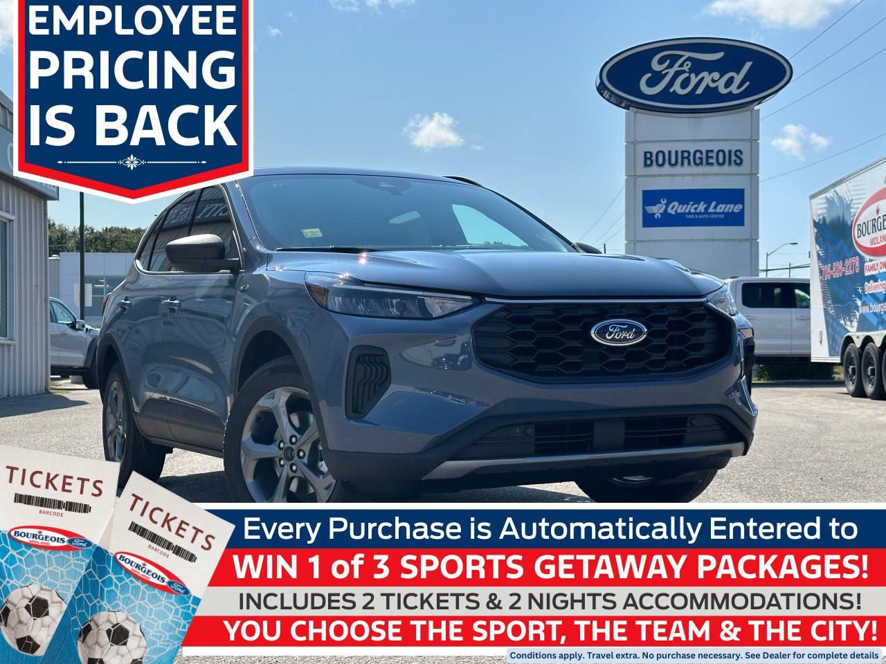 <p><strong>Employee Pricing is BACK at Bourgeois</strong> and the Team at Bourgeois Motors is giving you the chance to SAVE BIG and giving 3 lucky winners to chance to see your favourite sports team play. Every purchase in the month of August is automatically entered to win 1 of 3 Sports Getaway Packages which includes 2 tickets and 2 nights' accommodations. You pick the sport, you pick the team and you pick the city. This offer applies to 2 tickets the regular season game of your choice, NHL, NBA, MLS, PGA, NFL, CFL... you name it, you can go. Terms and conditions do apply, please speak to a member of the team to complete details. Travel extra. Offer expires August 31st, 2025. Winners to be drawn September 15th, 2025. <a href=https://www.bourgeoismotors.com/contest-terms-and-conditions/ rel=nofollow>See complete contest terms and conditions.</a></p> <p>The 2025 Ford Escape ST-Line AWD in a striking blue finish is the ideal companion for those seeking the perfect balance of sophistication and capability. Its all-wheel-drive system ensures confident handling on any terrain, making it a versatile choice for Canadian roads.</p><p>The Escape's exterior showcases stylish alloy wheels and sleek lines, while the interior is designed for comfort and convenience. Enjoy the tactile feel of the sport leatherette steering wheel, the warmth of heated front seats, and easy access through keyless entry. The spacious SUV offers ample room for all your adventures, enhanced by power windows and seats for customizable comfort.</p><p>Technology in the 2025 Escape is designed to keep you connected and secure. The advanced infotainment system seamlessly integrates with your smart devices, allowing access to a wi-fi hotspot and satellite radio for uninterrupted entertainment. Safety features include a backup camera, brake assist, and lane assist, ensuring peace of mind for you and your passengers. Enjoy the luxury of a heated steering wheel and mirrors that protect against cold weather, enhancing every drive.</p><p>This Ford Escape ST-Line AWD is perfect for families and tech-savvy drivers who value a blend of style, comfort, and performance. Experience the thrill of driving a vehicle that keeps pace with your lifestyle. Contact our dealership today to find out more and get behind the wheel of your new Ford Escape.</p> <p><span style=color:rgb( 58 , 80 , 95 )>The discount shown on vehicle represents the </span><u>Cash Purchase</u><span style=color:rgb( 58 , 80 , 95 )> discount and is inclusive of all non-stackable and stackable cash purchase discounts from Ford of Canada and Bourgeois Motors Ltd. and is offered in lieu of sub-vented lease or finance rates. To get details on current discounts applicable to this and other vehicles in our inventory for Lease and Finance customer, see a member of our team. All offers for lease or finance are On Approved Credit (OAC).While every effort is made to ensure the accuracy of discounts and programs, programs are subject to change without notice </span><span style=color:rgb( 119 , 119 , 119 )>and may not be accurate or completely current. While every reasonable effort is made to ensure the accuracy of this data, we are not responsible for any errors or omissions contained on these pages.</span></p> <p><strong>Why Choose the Bourgeois Auto Group?</strong></p><p>For 80 years, Bourgeois Auto Group has been delivering exceptional automotive experiences. Our factor trained teams work to ensure you receive the shopping experience you deserve; whether you're looking for a new or new-to-you vehicle.</p><p>Shop 24/7 with our online showroom and chat service, ensuring convenience every step of the way. No hidden fees, full disclosure, and every pre-owned vehicle comes with a Carfax® report for peace of mind.</p><p>We offer a wide selection of pre-owned vehicles, all competitively priced using real-time market data. Get the best deal on your purchase and trade-in with our free Live Market Analysis report.</p><p>Looking to sell your car? We buy any make or modelno purchase required. Our simple to use online trade valuation tool will provide you with a clear, transparent selling experience whether you buy our car or not.</p><p>Backed by hundreds dedicated employees across 4 convenient locations, were here to meet all your automotive needs. Visit us in Midland or Parry Sound and explore our inventory or schedule your next service today.</p> <p><strong>Financing Your Next Vehicle with Bourgeois Motors Ford in Midland:</strong></p><p>At Bourgeois Motors Ford, we make financing your next vehicle simple and stress-free! Our team works with trusted lenders to find flexible options tailored to your budget. Drive away with confidenceapply today!</p><p>Take advantage of our online pre-qualification tool, backed by Equifax and TD Bank to find the payment that works for you. Simply <a href=https://www.bourgeoismotors.com/free-credit-check/ rel=nofollow><strong>CLICK HERE</strong></a><strong> </strong>to use our secure online credit tool with no impact to your credit.</p>
