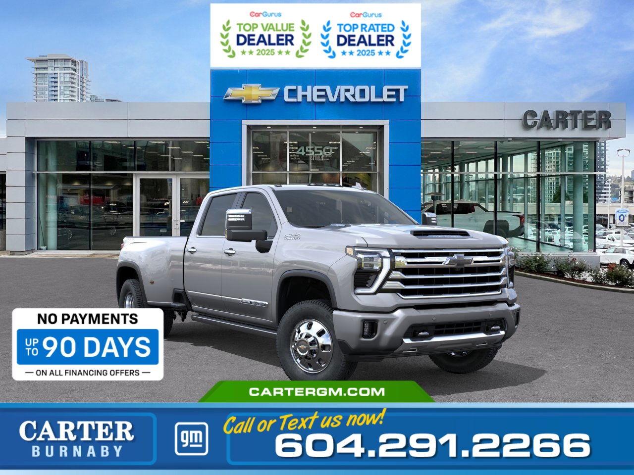 Purchase your new vehicle today and enjoy NO PAYMENTS FOR UP TO 90 DAYS. Upgrade with confidence, without stretching your budget!  Power, luxury, and capability come together in the 2026 Silverado 3500 High Country. Driven by a 6.6L EcoTec3 V8 and four-wheel drive, it boasts a 11,700 lb. GVWR and the trailering capabilities with Hitch Guidance, integrated trailer brake controller, and Trailer Camera Provisions for effortless towing. Enjoy heated seats, heated steering wheel, power sunroof, wireless charging, and a 12.3" digital display, while advanced safety features like Rear Cross Traffic Alert, Trailer Side Blind Zone Alert, and Bed View Camera keep every drive secure.  Come take it for a test drive today and experience all this stylish vehicle has to offer!  WHY CARTER GM BURNABY?  - An unrivalled vehicle purchasing experience! - Exceeding our loyal customers expectations since 1963 - 4.5 Google star rating with 2,175+ customer reviews) - CarGurus Top-Rated Dealer 2025 Award - CarGurus Top Value Dealer 2025 Award - Vehicle trades welcome! Best price guaranteed! - We provide upfront pricing, zero hidden fees, and 100% transparency - Fast approvals and 99% acceptance rates (no matter your current credit status!) - Multilingual staff (many languages spoken) - Comfortable non-pressured environment with in-store television, WIFI and a childrens play area! - In-store restaurant: fresh daily menu        Were here to help you drive the vehicle you want, the vehicle you deserve! QUESTIONS? GREAT! WEVE GOT ANSWERS! To speak with a friendly vehicle specialist - CALL NOW! (Doc. Fee: $495.00 Dealer Code: D5505)