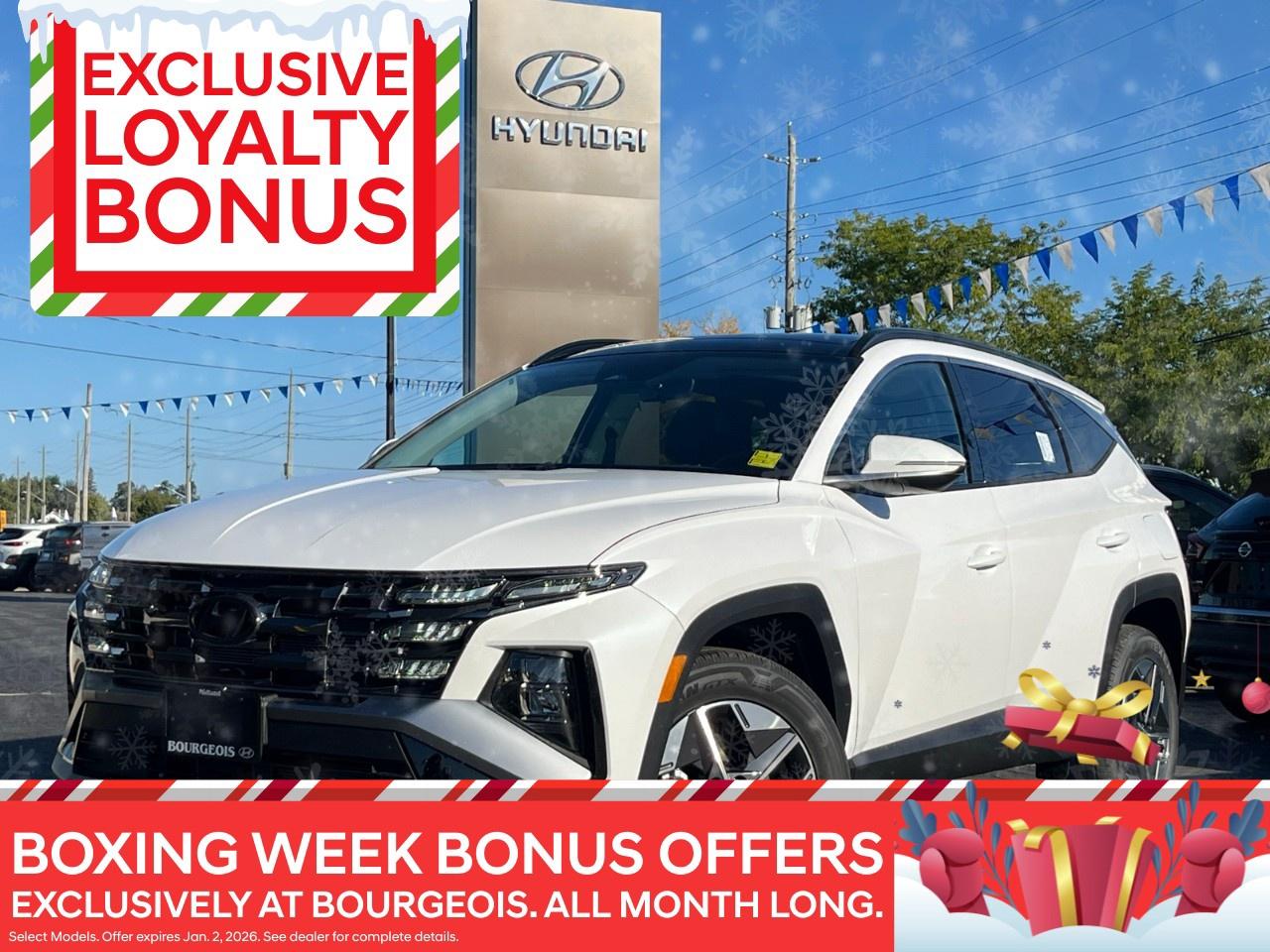 <p>Experience the all-new 2026 Hyundai Tucson Preferred in an eye-catching white exterior coupled with an automatic drivetrain using its robust 2.5L 4-cylinder engine, promising smooth and efficient handling across all terrains.</p> <p>This SUV boasts a striking presence with its modern design and refined black interior, offering the perfect blend of comfort and style. Step inside to discover a spacious cabin ideal for families or those needing extra cargo space, designed to deliver both convenience and luxury.</p> <p>Equipped with cutting-edge technology, this Tucson takes safety and connectivity to the next level. Enjoy a user-friendly infotainment system complete with a high-resolution display, keeping you connected during every drive. Safety remains paramount with an array of driver assistance features engineered to protect you and your loved ones on the road.</p> <p>Whether you're an adventure enthusiast or seeking a reliable family vehicle, the 2026 Hyundai Tucson Preferred is your versatile companion. Contact our dealership today to learn more and arrange your test drive!</p> <p><strong>Advertised Cash Purchase Price</strong> includes a $500 loyalty offer for eligible buyers. See dealer for complete details. Offer ends Jan 2, 2026. </p> <p><strong>Why Choose the Bourgeois Auto Group?</strong></p><p>For 80 years, Bourgeois Auto Group has been delivering exceptional automotive experiences. Our factor trained teams work to ensure you receive the shopping experience you deserve; whether you're looking for a new or new-to-you vehicle.</p><p>Shop 24/7 with our online showroom and chat service, ensuring convenience every step of the way. No hidden fees, full disclosure, and every pre-owned vehicle comes with a Carfax® report for peace of mind.</p><p>We offer a wide selection of pre-owned vehicles, all competitively priced using real-time market data. Get the best deal on your purchase and trade-in with our free Live Market Analysis report.</p><p>Looking to sell your car? We buy any make or modelno purchase required. Our simple to use online trade valuation tool will provide you with a clear, transparent selling experience whether you buy our car or not.</p><p>Backed by hundreds dedicated employees across 4 convenient locations, were here to meet all your automotive needs. Visit us in Midland or Parry Sound and explore our inventory or schedule your next service today.</p> <p><strong>Financing Your Next Vehicle with Bourgeois Midland Hyundai:</strong></p><p>At Bourgeois Midland Hyundai, we make financing your next vehicle simple and stress-free! Our team works with trusted lenders to find flexible options tailored to your budget. Drive away with confidenceapply today!</p><p>Take advantage of our online pre-qualification tool, backed by Equifax and TD Bank to find the payment that works for you. Simply <a href=https://www.bourgeoishyundai.com/pre-qualify-for-financing/ rel=nofollow><strong>CLICK HERE</strong></a> to use our secure online credit tool with no impact to your credit. </p>