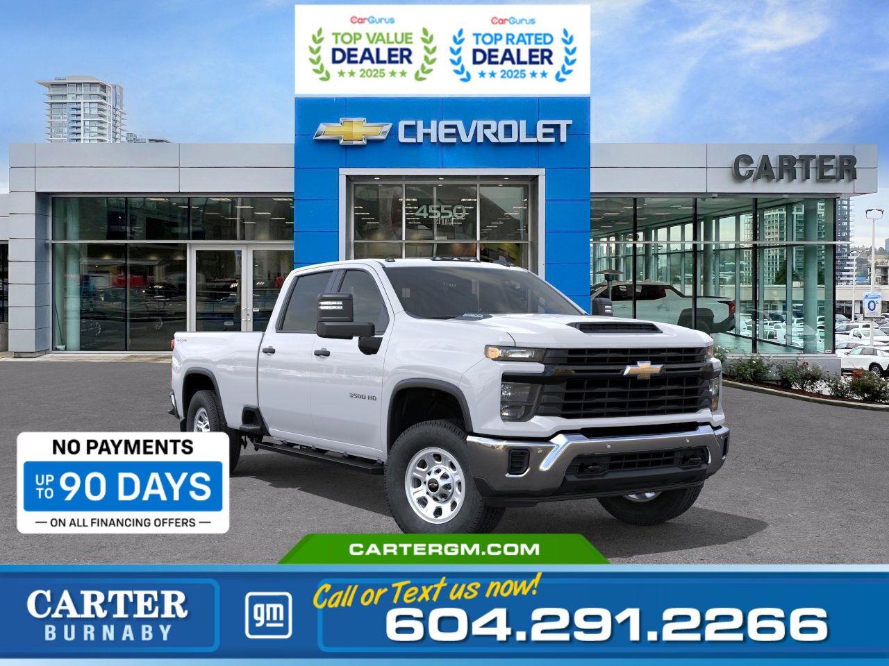 Purchase your new vehicle today and enjoy NO PAYMENTS FOR UP TO 90 DAYS. Upgrade with confidence, without stretching your budget!  The 2026 Chevrolet Silverado 3500 RSW is built to take on the toughest jobs with confidence. Its powerful 6.6L V8 engine with Direct Injection and Variable Valve Timing, paired with a Suspension Package, delivers unmatched strength and durability. Towing is made easy with the integrated trailer brake controller, Trailering Package, and Hitch Guidance. Practical touches like bed rail protection and a heavy-duty air filter add lasting reliability. Safety comes standard with StabiliTrak, HD Rear Vision Camera, Lane Departure Warning, and Following Distance Indicator.  Come take it for a test drive today and experience all this stylish vehicle has to offer!  WHY CARTER GM BURNABY?  - An unrivalled vehicle purchasing experience! - Exceeding our loyal customers expectations since 1963 - 4.5 Google star rating with 2,175+ customer reviews) - CarGurus Top-Rated Dealer 2025 Award - CarGurus Top Value Dealer 2025 Award - Vehicle trades welcome! Best price guaranteed! - We provide upfront pricing, zero hidden fees, and 100% transparency - Fast approvals and 99% acceptance rates (no matter your current credit status!) - Multilingual staff (many languages spoken) - Comfortable non-pressured environment with in-store television, WIFI and a childrens play area! - In-store restaurant: fresh daily menu        Were here to help you drive the vehicle you want, the vehicle you deserve! QUESTIONS? GREAT! WEVE GOT ANSWERS! To speak with a friendly vehicle specialist - CALL NOW! (Doc. Fee: $495.00 Dealer Code: D5505)