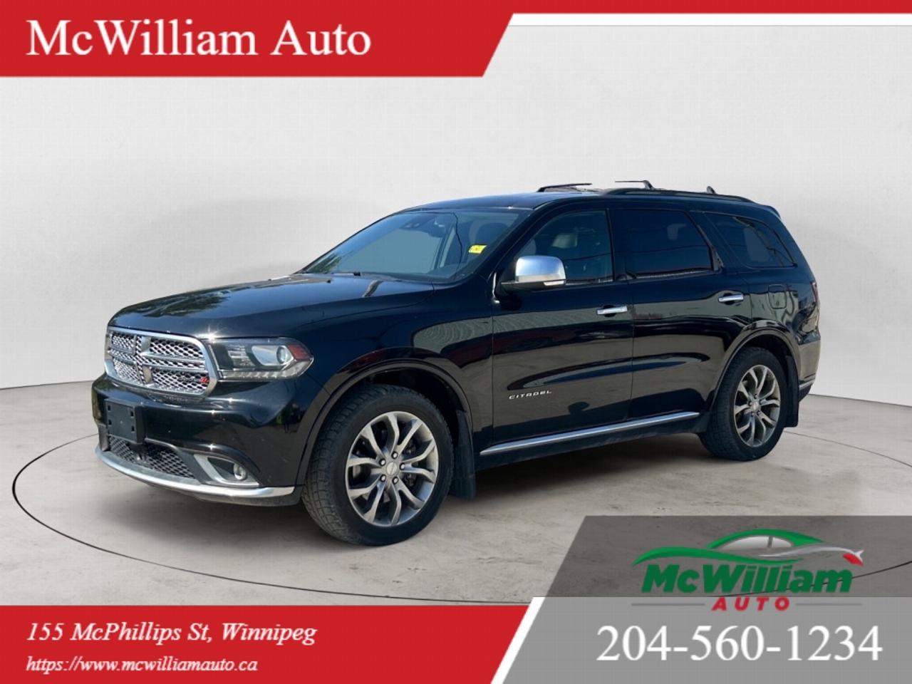 <br> Check out this sharp looking 2017 Dodge Durango Citadel with All-wheel Drive! With its powerful 6 Cylinder engine, AWD capabilities, and spacious interior, this SUV is ready for your next adventure. Dont miss out on this stylish black-on-black beauty!<br><br> McWilliam Auto is committed to providing top notch quality and the best possible price. We pride ourselves on being the best priced dealer in Manitoba while maintaining a high standard of quality on all our pre owned vehicles!<br><br> <br><br> McWilliam Auto is a changer of todays car market, the one number, no Hassle price, makes buyers get the best price no matter whether you know or dont know todays market. Yes, you heard it right, One price is the best price.<br><br> <br><br> We also offer Premium warranties and finance onsite at our dealership to improve your buying experience.<br><br> <br><br>DEALER PERMIT #4611<br><br> <br><br> <br><br> <br><br>Call today: 204-560-1234<br><br> <br><br> <br><br> <br><br>Visit us TODAY at 155 Mcphillips St, Winnipeg, MB <br><br> <br><br> <br><br> <br><br>Website: www.mcwiliamauto.ca<br><br> <br><br> <br><br> <br><br>Email: winnipegcar@gmail.com<br><br> <br><br> <br><br> <br><br>Click here for finance:<br><br> <br><br> <br><br> <br><br>https://www.mcwilliamauto.ca/car-loan-application/<br><br> <br><br> <br><br> <br><br> IMPORTANT DISCLAIMER : <br><br> <br><br>This vehicle is a used vehicle, all the features and information may not be accurate from the descriptions above, please check the actual vehicle for the actual information. <br><br> <br><br>