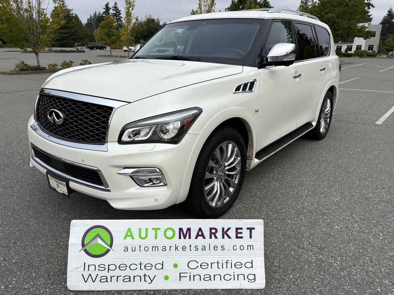 EXTREMELY CLEAN AND BEAUTIFUL QX80 LIMITED. LOADED WITH EVERYTHING AND READY TO GO. NO ACCIDENTS, GREAT FINANCING, FREE WARRANTY!<br /><br />Welcome to the Automarket, Your community financing dealership of "YES". We are featuring a spectacular INFINITI QX80 LIMITED with all the options including navigation, bluetooth,&nbsp; heated and cooled leather seats, heated steering wheel as well as dual dvd screens for the rear passengers.<br /><br />Having been fully inspected, we know that the front brakes are 100% new and the rear brakes have lots of life too. The tires have tons of life left on them and we have tested the battery and the coolant as well as changed the oil and fully detailed the vehicle for your enjoyment and peace of mind.<br /><br />2 LOCATIONS TO SERVE YOU, BE SURE TO CALL FIRST TO CONFIRM WHERE THE VEHICLE IS PARKED WHITE ROCK 604-542-4970 LANGLEY 604-533-1310 OWNER'S CELL 604-649-0565<br /><br />We are a family owned and operated business since 1983 and we are committed to offering outstanding vehicles backed by exceptional customer service, now and in the future. What ever your specific needs may be, we will custom tailor your purchase exactly how you want or need it to be. All you have to do is give us a call and we will happily walk you through all the steps with no stress and no pressure.<br />WE ARE THE HOUSE OF YES?<br />ADDITIONAL BENFITS WHEN BUYING FROM SK AUTOMARKET:<br />ON SITE FINANCING THROUGH OUR 17 AFFILIATED BANKS AND VEHICLE FINANCE COMPANIES<br />IN HOUSE LEASE TO OWN PROGRAM.<br />EVERY VEHICLE HAS UNDERGONE A 120 POINT COMPREHENSIVE INSPECTION<br />EVERY PURCHASE INCLUDES A FREE POWERTRAIN WARRANTY<br />EVERY VEHICLE INCLUDES A CARFAX AND ICBC DAMAGE REPORT EVERY VEHICLE IS GUARANTEED LIEN FREE<br />DISCOUNTED RATES ON PARTS AND SERVICE FOR YOUR NEW CAR AND ANY OTHER FAMILY CARS THAT NEED WORK NOW AND IN THE FUTURE.<br />40+ YEARS IN THE VEHICLE SALES INDUSTRY<br />A+++ MEMBER OF THE BETTER BUSINESS BUREAU<br />RATED TOP DEALER BY CARGURUS 2 YEARS IN A ROW<br />MEMBER IN GOOD STANDING WITH THE VEHICLE SALES AUTHORITY OF BRITISH COLUMBIA<br />MEMBER OF THE AUTOMOTIVE RETAILERS ASSOCIATION COMMITTED CONTRIBUTER TO OUR LOCAL COMMUNITY AND THE RESIDENTS OF BC This vehicle has been Fully Inspected, Certified and Qualifies for Our Free Extended Warranty. Don't forget to ask about our Great Finance and Lease Rates. We also have options for &ldquo;Buy Here Pay Here&rdquo; and &ldquo;Lease to Own&rdquo; for Good Customers in Bad Situations. 2 locations to help you, White Rock and Langley. Be sure to call before you come to confirm the vehicles location and availability or look us up at www.automarketsales.com. White Rock 604-542-4970 and Langley 604-533-1310. Serving Surrey, Delta, Langley, Richmond, Vancouver, all of BC and western Canada. Financing & leasing available. CALL SK AUTOMARKET LTD. 6045424970. Call us toll-free at 1 877 813-6807<br /> This vehicle has been Fully Inspected, Certified and Qualifies for Our Free Extended Warranty.Don't forget to ask about our Great Finance and Lease Rates. We also have a Options for Buy Here Pay Here and Lease to Own for Good Customers in Bad Situations. 2 locations to help you, White Rock and Langley. Be sure to call before you come to confirm the vehicles location and availability or look us up at www.automarketsales.com. White Rock 604-542-4970 and Langley 604-533-1310. Serving Surrey, Delta, Langley, Richmond, Vancouver, all of BC and western Canada. Financing & leasing available. CALL SK AUTOMARKET LTD. 6045424970. Call us toll-free at 1 877 813-6807. $999 Documentation fee (negotiable) and applicable taxes are in addition to advertised prices. LANGLEY LOCATION DEALER# 40038 S. SURREY LOCATION DEALER #9987<br />