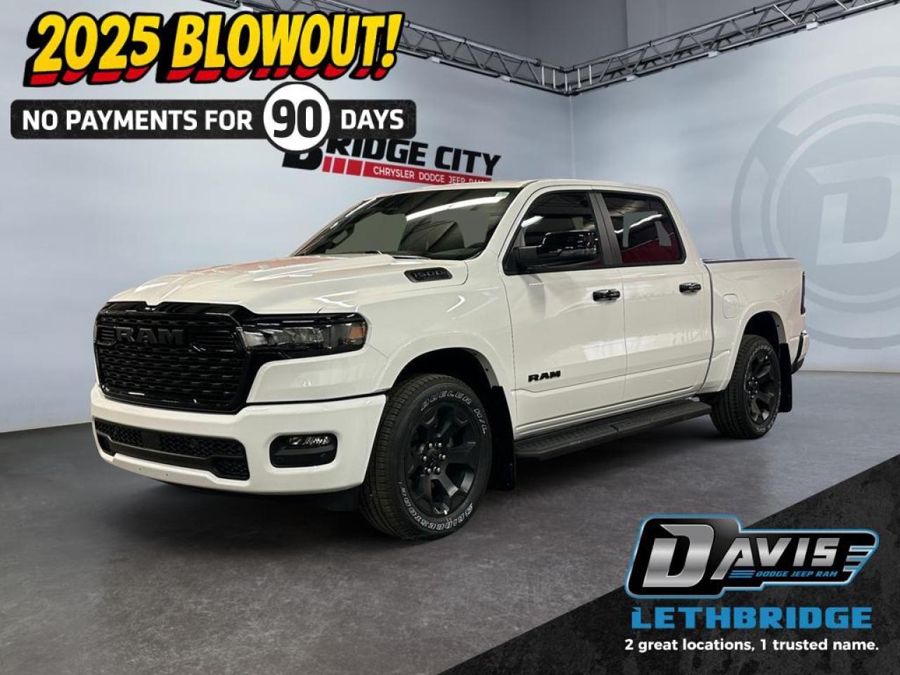 <b>Power Driver Seat, Adaptive Cruise Control, Remote Start, Blind Spot Detection, Lane Keep Assist!<br /> <br /></b><br /> <br /> <br />The 2025 Ram 1500 Big Horn Crew Cab 4x4 in Bright White delivers power, technology, and premium style with its 3.0L Hurricane Twin Turbo I-6 engine, 8-speed automatic transmission, and advanced safety from the Level 1 Safety Group, including Adaptive Cruise Control with Stop & Go, Pedestrian Emergency Braking, Forward Collision Warning Plus, Lane Management, Blind-Spot Monitoring, and ParkSense Front & Rear Park Assist.<br /><br />Inside, enjoy upgraded comfort with deluxe cloth bucket seats, heated front seats, a heated leather-wrapped steering wheel, power 8-way driver seat with lumbar, dual-zone automatic climate control, LED interior lighting, and a full-length floor console. Technology is top tier with Uconnect 5 NAV, a 12-inch touchscreen, wireless charging pad, 4G Wi-Fi hotspot, Apple CarPlay/Android Auto, 9 amplified Alpine speakers with subwoofer, GPS navigation, and a customizable 7-inch digital cluster.<br /><br />The bold Night Edition package adds black exterior badging, black headlamp bezels, 20-inch aluminum wheels, body-color bumpers, black grille accents, heated power-folding mirrors, black tubular side steps, and LED reflector headlights with fog lamps. With its 3.92 rear axle ratio, anti-spin differential, heavy-duty shocks, full-size spare tire, Class IV hitch, remote start, and rear power sliding window, this Big Horn is built for capability and comfort on any road.<br /> <br />To apply right now for financing use this link: <a href=https://www.bridgecitychrysler.com/pre-approval/ target=_blank rel=nofollow noopener noreferrer>https://www.bridgecitychrysler.com/pre-approval/</a><br /><br /> <br /><br />As a premier Chrysler, Dodge, Jeep and RAM dealership, Bridge City Chrysler proudly offers an extensive selection of new and used vehicles to meet every drivers needs. Customers across Lethbridge, Fort Macleod, Taber, Claresholm, Coaldale, and beyond trust us for daily vehicle specials, certified service and parts, and a seamless online inventory experience. <br /><br /> With competitive financing options and expert support, we make car buying easy and enjoyable. <br /><br /> Ready to hit the road? Schedule your test drive today at Bridge City Chrysler, your trusted Chrysler, Dodge, Jeep and RAM dealer in Lethbridge, Alberta.<br /><br /> Vehicle pricing offer shown expires 2026-01-31. <br /> Come by and check out our fleet of 80+ used cars and trucks and 120+ new cars and trucks for sale in Lethbridge. o~o