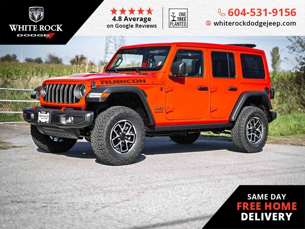 Ready for an adventure? ALLOY WHEELS, TRAILER SWAY CONTROL, SKID PLATES, 4 WHEEL DISC BRAKES  this brand-new 2025 Jeep Wrangler Rubicon in striking Red with a sleek Black interior is equipped and ready for excitement. With its robust 3.6L 6cyl Gas Engine matched to an 8-Speed Automatic Transmission and legendary 4x4 capabilities, no terrain is too challenging. <p></p><p>Enjoy modern comforts with AUTOMATIC TEMPERATURE CONTROL and ILLUMINATED ENTRY that welcome you into a realm of adventure and style. The TRAILER HITCH ensures you can bring along all you require for your exploits, while SAFETY features like ELECTRONIC STABILITY and TRACTION CONTROL provide peace of mind on every expedition.</p><p></p><p>The WRANGLER is an icon designed to push boundaries, and this RUBICON edition raises the bar with integrated features such as HEATED DOOR MIRRORS, a TRACKER SYSTEM, and CONFIGURABLE dynamics to personalize your drive. When its time to navigate the uncharted or the urban sprawl, enjoy the convenience of REMOTE KEYLESS ENTRY and STEERING WHEEL MOUNTED AUDIO CONTROLS, keeping you in command and connected.</p><p></p><p>For those seeking a mix of rugged utility and refined amenities, this Jeep is the ultimate companion for British Columbia's great outdoors. Step inside, where endless possibilities and open-air freedom await. </p><p></p><p>Stock # S651231</p>