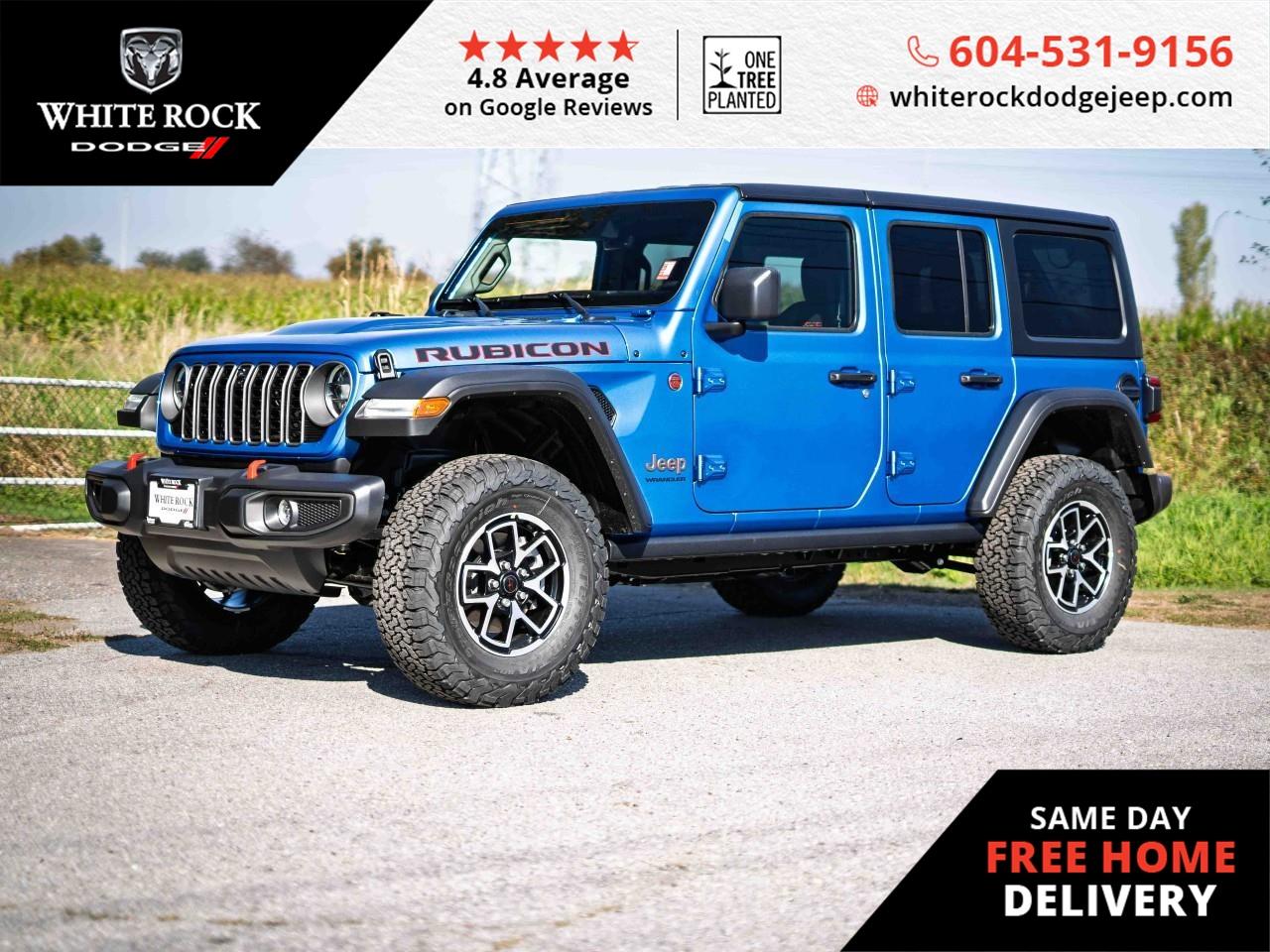 Adventure Awaits in Surrey, ALLOY WHEELS, TRAILER SWAY CONTROL, SKID PLATES, TELESCOPING STEERING WHEEL, unlock the potential of the great outdoors with the 2025 Jeep Wrangler Rubicon. This machine, clad in a striking Blue exterior and boasting a Black interior, embodies off-road excellence balanced with on-road comfort. At its heart lies a capable 3.6L 6cyl Gas Engine that gives life to its renowned 4x4 prowess.<p></p><p>As powerful as it is smart, this new Jeep Wrangler Rubicon indulges your spirit for exploration with resilient SKID PLATES, ensuring underbody protection on rugged trails. Steering becomes precise joy with a TELESCOPING STEERING WHEEL, allowing for a custom fit that grants full command of the vehicle. TRAILER SWAY CONTROL and a trailer hitch offer reliable performance when you need to haul your gear to distant basecamps or weekend getaways.</p><p></p><p>Enhancing the convenience are HEATED DOOR MIRRORS for those chilly mornings and a PANIC ALARM to ensure your peace of mind. The dual-zone AUTOMATIC TEMPERATURE CONTROL maintains a comfortable climate within, a subtle nod to luxury in the rawness of nature. Configurable DRIVER MANUAL LUMBAR SUPPORT and SPLIT FOLDING REAR SEAT translate to personal comfort and adaptable storage space. To cap it all off, embrace seamless entry with REMOTE KEYLESS ENTRY for an unperturbed start to every journey.</p><p></p><p>Ready to trail-blaze in British Columbia's diverse landscapes with a rig that's as untamed as it is sophisticated? It's all here, in one ultimate off-road package, engineered to amplify your adventurous lifestyle. Stock # S653190</p>