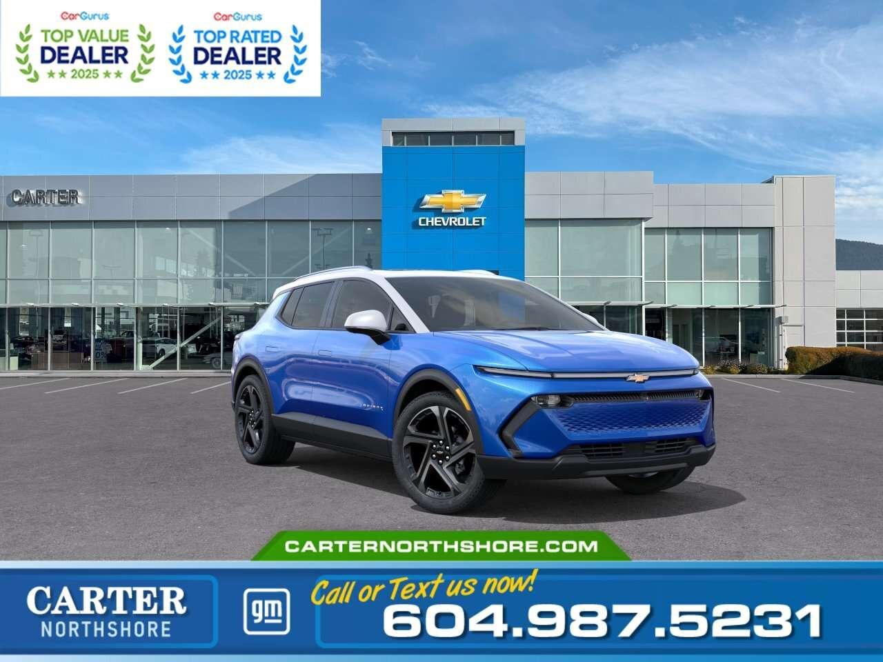 <b>GREAT NEWS! EMPLOYEE PRICING IS BACK!</b> Unlock exceptional savings on eligible new electric vehicles. Combine Employee Pricing with available incentives and drive home an EV for less. <b>Available Savings Include</b>: 	$2,700 Employee Pricing Credit 	$1,000 Non stackable cash delivery allowance 	$2,300 Stackable cash delivery allowance 	Up to $5,000 Federal EVAP incentive for eligible customers, applied after tax. Only vehicles with a final transaction price under $50,000 before tax are eligible for EVAP. Comfortable and advanced, this 2026 Chevrolet Equinox LT EV delivers smooth electric performance with front-wheel drive efficiency for daily driving. It includes adaptive cruise control, lane keep assist, blind zone alert, forward collision alert, HD surround vision, and rear park assist for added safety. Inside you get a panoramic sunroof, heated seats and steering wheel, wireless charging, remote start, and a large Google built-in display for navigation and apps. Hands-free liftgate and bright roof rails add convenience. Come take it for a test drive today and experience all this stylish vehicle has to offer! <b>WHY CARTER GM NORTHSHORE?</b> - An unrivalled vehicle purchasing experience! - Exceeding our loyal customers expectations since 1990 - 4.7 Google star rating (with 1,700+ customer reviews) - CarGurus Top-Rated Dealer 2025 Award - CarGurus Top Value Dealer 2025 Award - Vehicle trades welcome! Best price guaranteed! - We provide upfront pricing, zero hidden fees, and 100% transparency - Fast approvals and 99% acceptance rates (no matter your current credit status!) - Multilingual staff (many languages spoken) - Comfortable non-pressured environment with in-store television, WIFI and a childrens play area! <p><img src=https://gmtadvantage-com.cdn-convertus.com/uploads/sites/16/2025/09/Carter-GM-Burnaby-Car-Gurus-Awards-2025.png alt="" width="300" height="77" /></p> Were here to help you drive the vehicle you want, the vehicle you deserve! <b>QUESTIONS? GREAT! WEVE GOT ANSWERS!</b> To speak with a friendly vehicle specialist - <b>CALL NOW!</b> <small>The advertised price includes all standard dealer fees and any applicable manufacturer or dealer incentives. It does not include applicable taxes, licensing, insurance, or optional products or services. Dealer fees will be clearly broken out and itemized on the bill of sale, maximum total of fees $699.00. Prices are shown in Canadian dollars. While we make every effort to ensure accuracy, vehicle details, pricing, options, and availability are subject to change without notice. Please confirm all information with dealership sales management before purchase. Dealer Code: 81121</small>