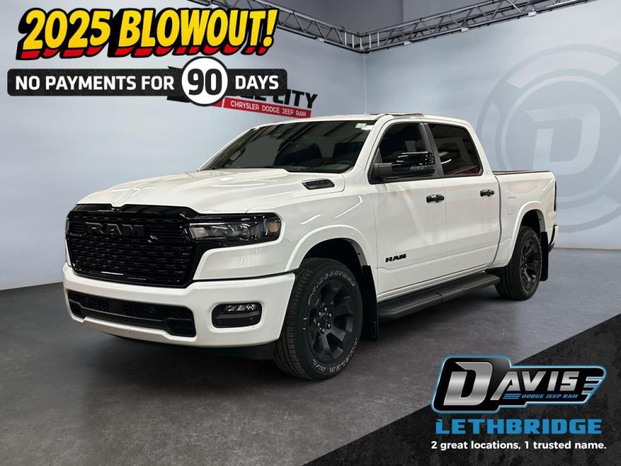 <b>Blind Spot Monitoring, Heated Seats and Wheel, Alpine Sound System!<br /> <br /></b><br /> <br /> <br />The 2025 Ram 1500 Big Horn Crew Cab 4x4 in Bright White delivers exceptional power and modern capability with its 3.0L I-6 Hurricane Twin Turbo engine featuring Stop/Start and an 8-speed automatic transmission. Deluxe cloth bucket seats, second-row in-floor storage bins, and a spacious Crew Cab layout offer comfort and flexibility for work, family, or weekend hauling.<br /><br />Inside, the Big Horn Level 2 Equipment Group enhances convenience with front heated seats, a heated leather-wrapped steering wheel, power 8-way driver seat with lumbar, dual-zone climate control, Uconnect 5W NAV with a 12-inch touchscreen, wireless charging pad, SiriusXM with 360L, a rear power sliding window, 115-volt outlet, 400-watt inverter, configurable drive modes, and a premium 9-speaker Alpine sound system with subwoofer. Black Mopar tubular side steps add practicality and style.<br /><br />Safety and control come standard with Electronic Stability Control, Hill Start Assist, Trailer Sway Control, Traction Control, Advanced Brake Assist, and multiple supplemental air bags. The bold Night Edition package adds 20-inch black aluminum wheels, black taillamp bezels, accent-color door handles, and black exterior badginggiving this Ram 1500 Big Horn an aggressive, modern look both on and off the road.<br /> <br />To apply right now for financing use this link: <a href=https://www.bridgecitychrysler.com/pre-approval/ target=_blank rel=nofollow noopener noreferrer>https://www.bridgecitychrysler.com/pre-approval/</a><br /><br /> <br /><br />As a premier Chrysler, Dodge, Jeep and RAM dealership, Bridge City Chrysler proudly offers an extensive selection of new and used vehicles to meet every drivers needs. Customers across Lethbridge, Fort Macleod, Taber, Claresholm, Coaldale, and beyond trust us for daily vehicle specials, certified service and parts, and a seamless online inventory experience. <br /><br /> With competitive financing options and expert support, we make car buying easy and enjoyable. <br /><br /> Ready to hit the road? Schedule your test drive today at Bridge City Chrysler, your trusted Chrysler, Dodge, Jeep and RAM dealer in Lethbridge, Alberta.<br /><br /> Vehicle pricing offer shown expires 2026-01-31. <br /> Come by and check out our fleet of 80+ used cars and trucks and 130+ new cars and trucks for sale in Lethbridge. o~o