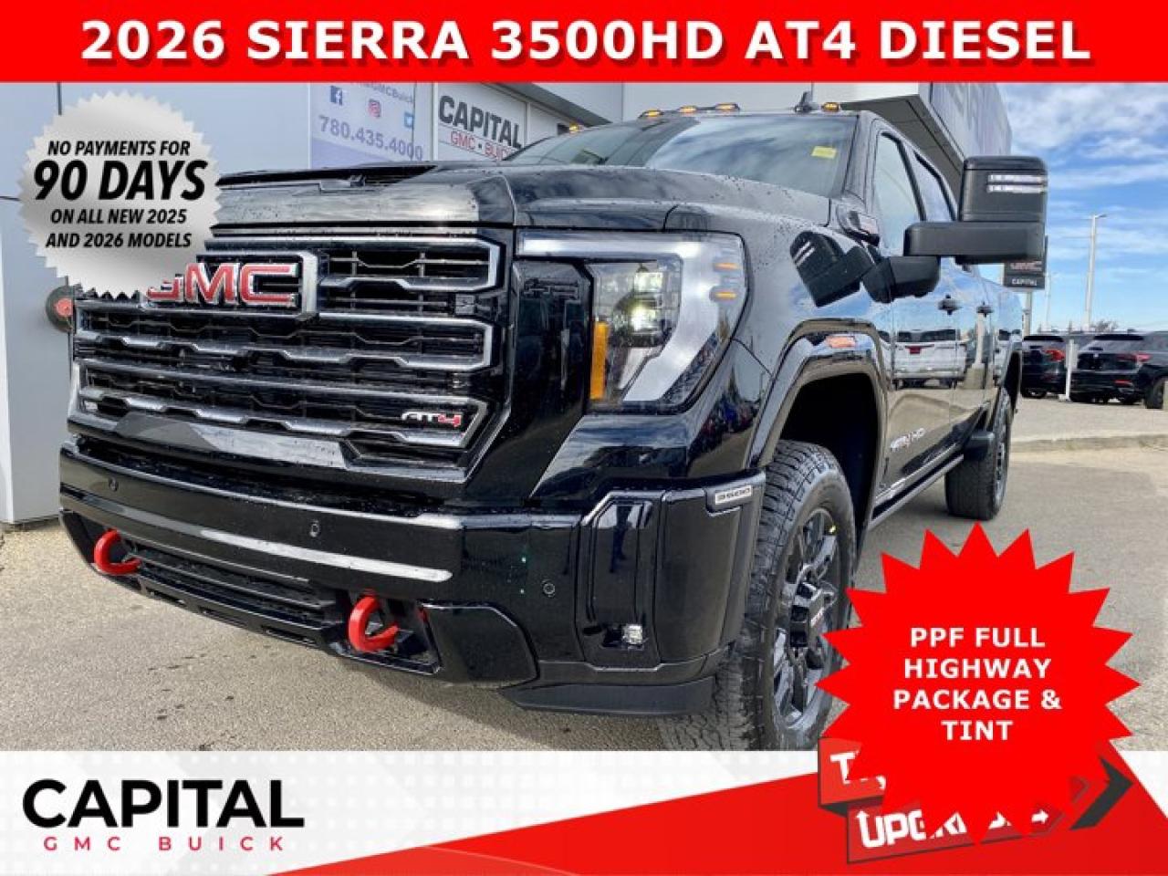 Check out this Limited Production 2026 GMC SIERRA 3500 HEAVY-DUTY AT4 DURAMAX DIESEL.... Fully Loaded and equipped with the Premium Plus Package, Body Color Arch Moldings, Heated and Cooled Seats, Heated Rear Seats, Heated Steering, 360 CAM, Rear Streaming Mirror, Heads-Up Display, and so much more... CALL NOWAsk for the Internet Department for more information or book your test drive today! Text (or call) 780-435-4000 for fast answers at your fingertips!Disclaimer: All prices are plus taxes & include all cash credits & loyalties. See dealer for details. AMVIC Licensed Dealer # B1044900