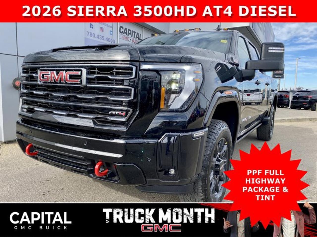Check out this Limited Production 2026 GMC SIERRA 3500 HEAVY-DUTY AT4 DURAMAX DIESEL.... Fully Loaded and equipped with the Premium Plus Package, Body Color Arch Moldings, Heated and Cooled Seats, Heated Rear Seats, Heated Steering, 360 CAM, Rear Streaming Mirror, Heads-Up Display, and so much more... CALL NOWAsk for the Internet Department for more information or book your test drive today! Text (or call) 780-435-4000 for fast answers at your fingertips!Disclaimer: All prices are plus taxes & include all cash credits & loyalties. See dealer for details. AMVIC Licensed Dealer # B1044900