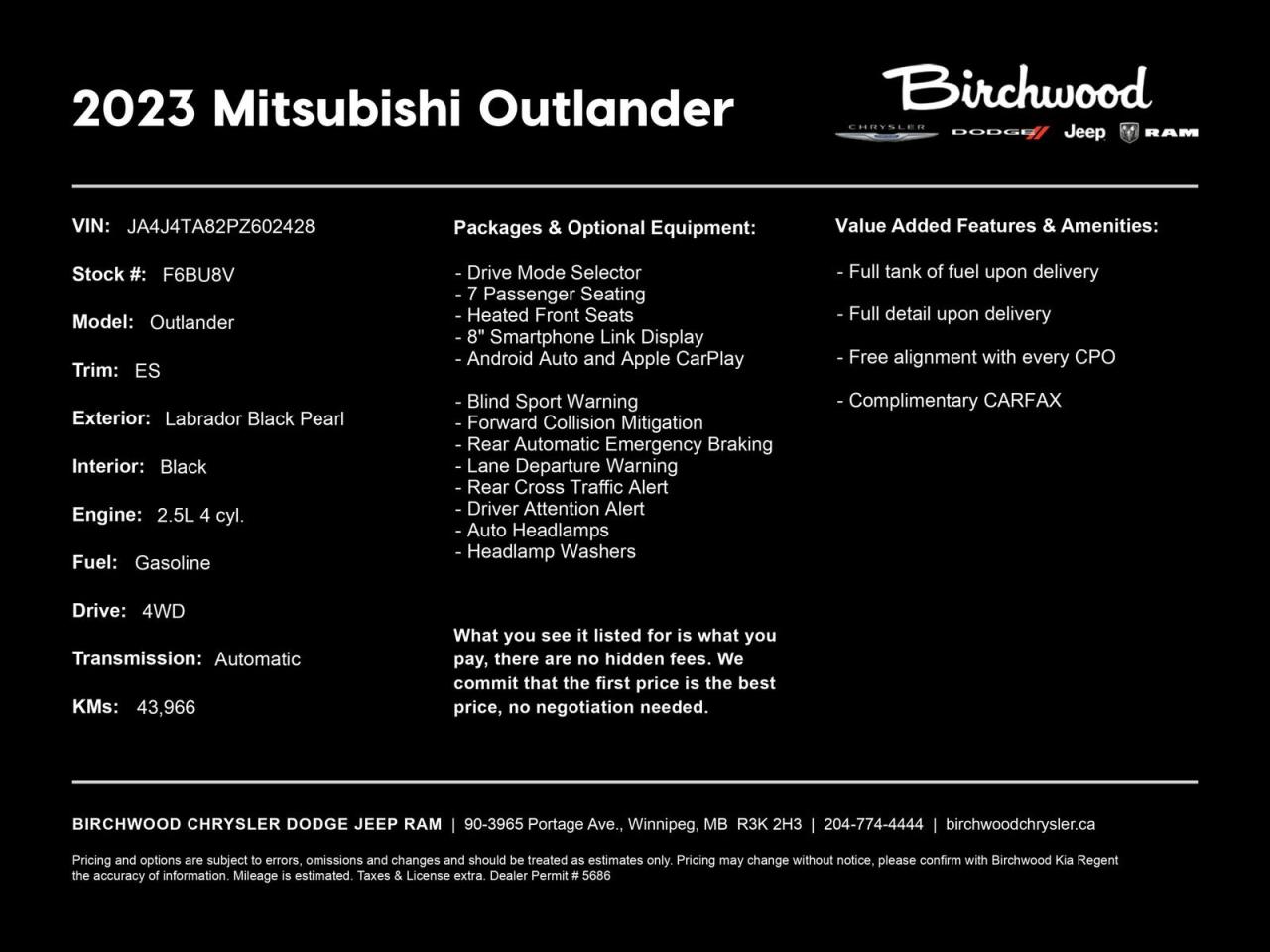Used 2023 Mitsubishi Outlander ES | One Owner | No Accidents | 7 Passenger | for sale in Winnipeg, MB