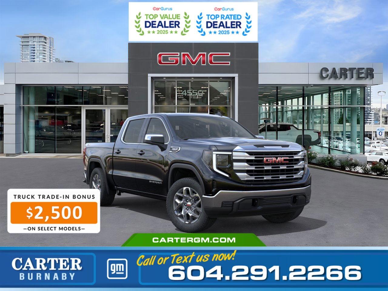 Upgrade to a new vehicle with confidence and enjoy NO PAYMENTS FOR UP TO 90 DAYS. Plus, experience added flexibility while taking advantage of a $5,000 Non-Stackable Cash Delivery Allowance. And eligible customers qualifying for an additional $2,500 Trade-in Bonus. Speak with our team today to learn more!  Strength meets innovation in the 2026 GMC Sierra 1500 SLE. Powered by a 5.3L EcoTec3 V8 with the Max Trailering Package and four-wheel drive, its built for serious capability. The EZ Lift tailgate with hitch area light, bed rail protection, and Hitch Guidance make towing and hauling effortless. Inside, stay connected with Wi-Fi hotspot capability, a 13.4" GMC Premium Display, and a 12.3" reconfigurable digital Driver Information Centre. Safety comes first with StabiliTrak, Proactive Roll Avoidance, Hill Start Assist, and Following Distance Indicator.  Come take it for a test drive today and experience all this stylish vehicle has to offer!  WHY CARTER GM BURNABY?  - An unrivalled vehicle purchasing experience! - Exceeding our loyal customers expectations since 1963 - 4.5 Google star rating with 2,300+ customer reviews) - CarGurus Top-Rated Dealer 2025 Award - CarGurus Top Value Dealer 2025 Award - Vehicle trades welcome! Best price guaranteed! - We provide upfront pricing, zero hidden fees, and 100% transparency - Fast approvals and 99% acceptance rates (no matter your current credit status!) - Multilingual staff (many languages spoken) - Comfortable non-pressured environment with in-store television, WIFI and a childrens play area! - In-store restaurant: fresh daily menu        Were here to help you drive the vehicle you want, the vehicle you deserve! QUESTIONS? GREAT! WEVE GOT ANSWERS! To speak with a friendly vehicle specialist - CALL NOW! The advertised price includes all standard dealer fees and any applicable manufacturer or dealer incentives. It does not include applicable taxes, licensing, insurance, or optional products or services. Dealer fees will be clearly broken out and itemized on the bill of sale, maximum total of fees $595.00. Prices are shown in Canadian dollars. While we make every effort to ensure accuracy, vehicle details, pricing, options, and availability are subject to change without notice. Please confirm all information with dealership sales management before purchase. Dealer Code: 81129