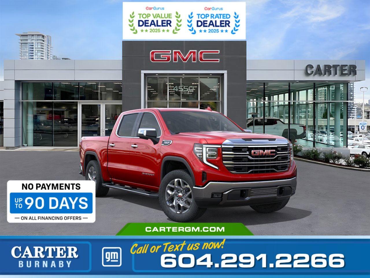 Purchase your new vehicle today and enjoy NO PAYMENTS FOR UP TO 90 DAYS. Upgrade with confidence, without stretching your budget!  The 2026 GMC Sierra 1500 SLT 4WD is where power meets refinement. With a 5.3L EcoTec3 V8, integrated trailer brake controller, Hitch Guidance, and a heavy-duty battery, its built for serious capability. Convenience features include LED cargo lighting and the versatile MultiPro Tailgate. Inside, enjoy heated 10-way power leather seats, a heated wrapped steering wheel, dual digital displays, and even a power sunroof for added comfort. StabiliTrak and advanced safety systems keep every drive confident.  Come take it for a test drive today and experience all this stylish vehicle has to offer!  WHY CARTER GM BURNABY?  - An unrivalled vehicle purchasing experience! - Exceeding our loyal customers expectations since 1963 - 4.5 Google star rating with 2,175+ customer reviews) - CarGurus Top-Rated Dealer 2025 Award - CarGurus Top Value Dealer 2025 Award - Vehicle trades welcome! Best price guaranteed! - We provide upfront pricing, zero hidden fees, and 100% transparency - Fast approvals and 99% acceptance rates (no matter your current credit status!) - Multilingual staff (many languages spoken) - Comfortable non-pressured environment with in-store television, WIFI and a childrens play area! - In-store restaurant: fresh daily menu        Were here to help you drive the vehicle you want, the vehicle you deserve! QUESTIONS? GREAT! WEVE GOT ANSWERS! To speak with a friendly vehicle specialist - CALL NOW! (Doc. Fee: $495.00 Dealer Code: D5505)