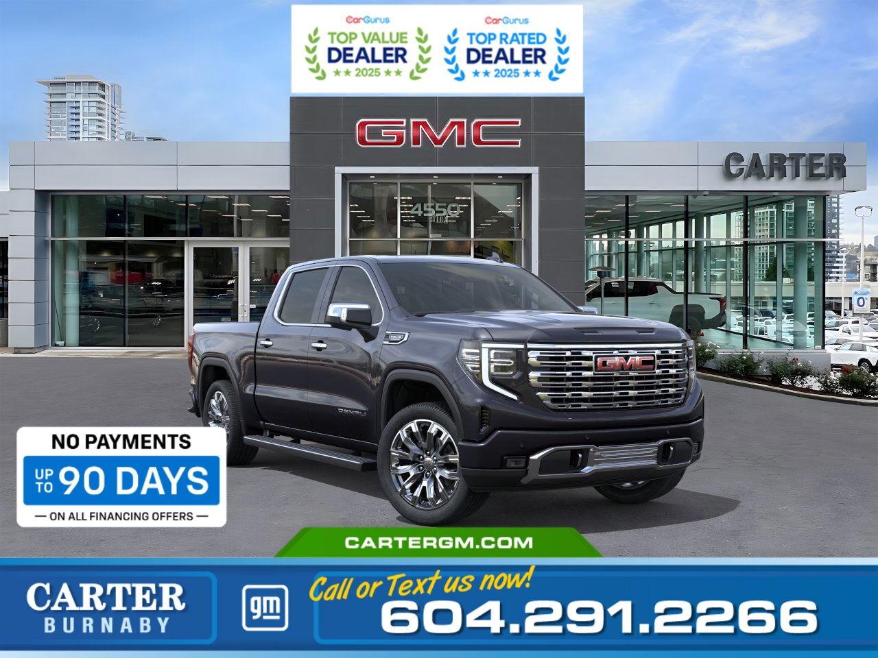 Get ready to Wish & Win at Carter GM Burnaby during December! This holiday season, you could receive up to $35,000 in credit toward the purchase or lease of a new light duty truck.  The 2026 GMC Sierra 1500 Denali 4WD sets the standard for strength and luxury. Its 5.3L EcoTec3 V8, Denali Premium Suspension with Adaptive Ride Control, and advanced trailering technology deliver unmatched capability. Enjoy premium comfort with leather seating, heated front and second-row seats, a heated steering wheel, dual digital displays, and a power sunroof. Safety and convenience shine with Hitch View, Bed View Camera, Trailer Side Blind Zone Alert, and Rear Cross Traffic Braking.  Come take it for a test drive today and experience all this stylish vehicle has to offer!  WHY CARTER GM BURNABY?  - An unrivalled vehicle purchasing experience! - Exceeding our loyal customers expectations since 1963 - 4.5 Google star rating with 2,175+ customer reviews) - CarGurus Top-Rated Dealer 2025 Award - CarGurus Top Value Dealer 2025 Award - Vehicle trades welcome! Best price guaranteed! - We provide upfront pricing, zero hidden fees, and 100% transparency - Fast approvals and 99% acceptance rates (no matter your current credit status!) - Multilingual staff (many languages spoken) - Comfortable non-pressured environment with in-store television, WIFI and a childrens play area! - In-store restaurant: fresh daily menu        Were here to help you drive the vehicle you want, the vehicle you deserve! QUESTIONS? GREAT! WEVE GOT ANSWERS! To speak with a friendly vehicle specialist - CALL NOW! (Doc. Fee: $495.00 Dealer Code: D5505)