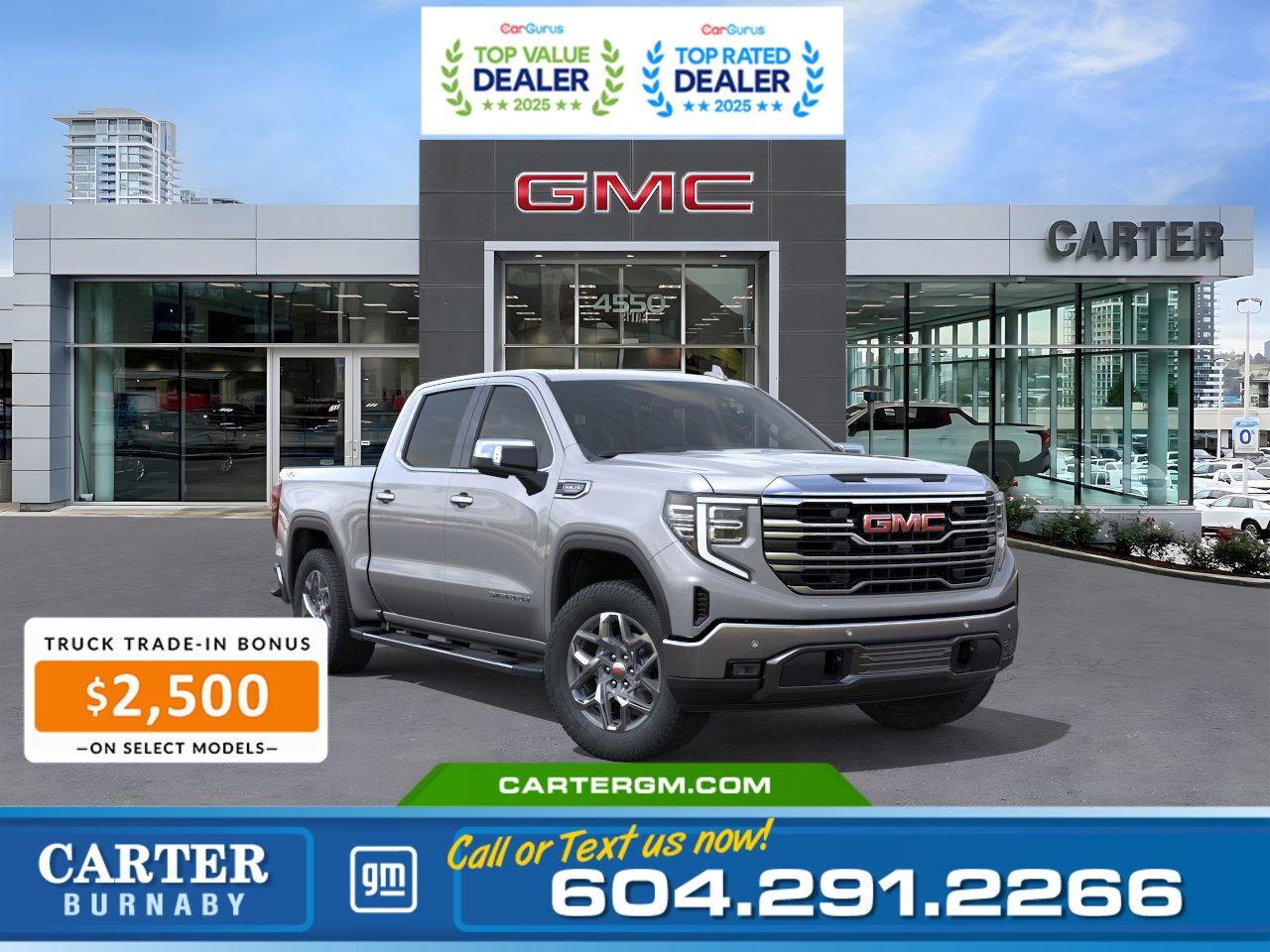 Upgrade to a new vehicle with confidence and enjoy NO PAYMENTS FOR UP TO 90 DAYS. Plus, experience added flexibility while taking advantage of a $5,000 Non-Stackable Cash Delivery Allowance. And eligible customers qualifying for an additional $2,500 Trade-in Bonus. Speak with our team today to learn more!  The 2026 GMC Sierra 1500 SLT 4WD delivers the perfect balance of strength, innovation, and comfort. Powered by a 5.3L EcoTec3 V8 with an integrated trailer brake controller and Hitch Guidance, its ready for serious towing. Features like rain-sensing wipers, LED cargo lighting, and the versatile MultiPro Tailgate add convenience on every drive. Inside, enjoy heated 10-way power seats, a heated wrapped steering wheel, and dual digital displays with premium connectivity. StabiliTrak and advanced safety systems provide confidence wherever you go.  Come take it for a test drive today and experience all this stylish vehicle has to offer!  WHY CARTER GM BURNABY?  - An unrivalled vehicle purchasing experience! - Exceeding our loyal customers expectations since 1963 - 4.5 Google star rating with 2,300+ customer reviews) - CarGurus Top-Rated Dealer 2025 Award - CarGurus Top Value Dealer 2025 Award - Vehicle trades welcome! Best price guaranteed! - We provide upfront pricing, zero hidden fees, and 100% transparency - Fast approvals and 99% acceptance rates (no matter your current credit status!) - Multilingual staff (many languages spoken) - Comfortable non-pressured environment with in-store television, WIFI and a childrens play area! - In-store restaurant: fresh daily menu        Were here to help you drive the vehicle you want, the vehicle you deserve! QUESTIONS? GREAT! WEVE GOT ANSWERS! To speak with a friendly vehicle specialist - CALL NOW! The advertised price includes all standard dealer fees and any applicable manufacturer or dealer incentives. It does not include applicable taxes, licensing, insurance, or optional products or services. Dealer fees will be clearly broken out and itemized on the bill of sale, maximum total of fees $595.00. Prices are shown in Canadian dollars. While we make every effort to ensure accuracy, vehicle details, pricing, options, and availability are subject to change without notice. Please confirm all information with dealership sales management before purchase. Dealer Code: 81129