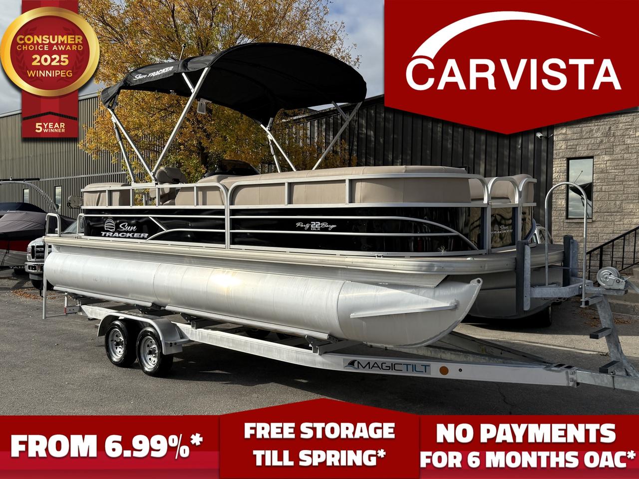 2017 Sun Tracker Party Barge 22 DLX &ndash; Mercury 115 ProXS &ndash; 173 Hours &ndash; New Magic Tilt Trailer Included

BRAND NEW MAGIC TILT TRAILER - $9000 VALUE

This 2017 Sun Tracker Party Barge 22 DLX is the perfect combination of comfort, performance, and reliability&mdash;ideal for cruising, entertaining, or enjoying long days on the water with family and friends. Powered by a 115HP Mercury ProXS FourStroke with only 173 hours of use, this boat offers excellent performance, smooth handling, and efficient operation for both leisure cruising and watersports.

Key Features:

Power & Performance:

Mercury ProXS 115HP FourStroke outboard, well maintained, with just 173 hours.

Strong and efficient engine ideal for cruising, tubing, and family fun.

Spacious Deck & Layout:

22-foot deck length provides ample space for family and guests.

Deluxe wraparound lounges with plush, marine-grade upholstery.

Oversized Bimini top for shade on hot summer days.

Large, open floor plan with multiple seating areas for maximum comfort.


Fishing & Convenience:

Multiple storage compartments for gear, lifejackets, and equipment.

Easy boarding with fore and aft boarding gates.

Extended aft swim platform with fold-down swim ladder for easy water access.

Entertainment & Comfort:

Built-in Bluetooth-enabled stereo system with speakers for on-the-water entertainment.

Comfortable captain&rsquo;s chair with full instrumentation at the helm.

Cupholders throughout for added convenience.

Trailer Included:

Brand new Magic Tilt tandem-axle trailer, purpose-built for pontoon transport, ensures safe and easy hauling.

Come see why Carvista has been the Consumer Choice Award Winner for 5 consecutive years! 2021, 2022, 2023, 2024 and 2025! Dont play the waiting game, our units are instock, no pre-order necessary!! See for yourself why Carvista has won this prestigious award and continues to serve its community. Carvista Approved! Carvista Approved! Our BoatVista package includes a complete inspection of your boat that includes an engine run up and test of the general systems of the unit! We pride ourselves in providing the highest quality marine products possible, and include a rigorous detail to ensure you get the cleanest unit around. 
Prices and payments exclude GST OR PST 
Carvista Inc. 
Dealer Permit # 1211 
Category: Used Boat
Units may not be exactly as shown, please verify all details with a sales person.