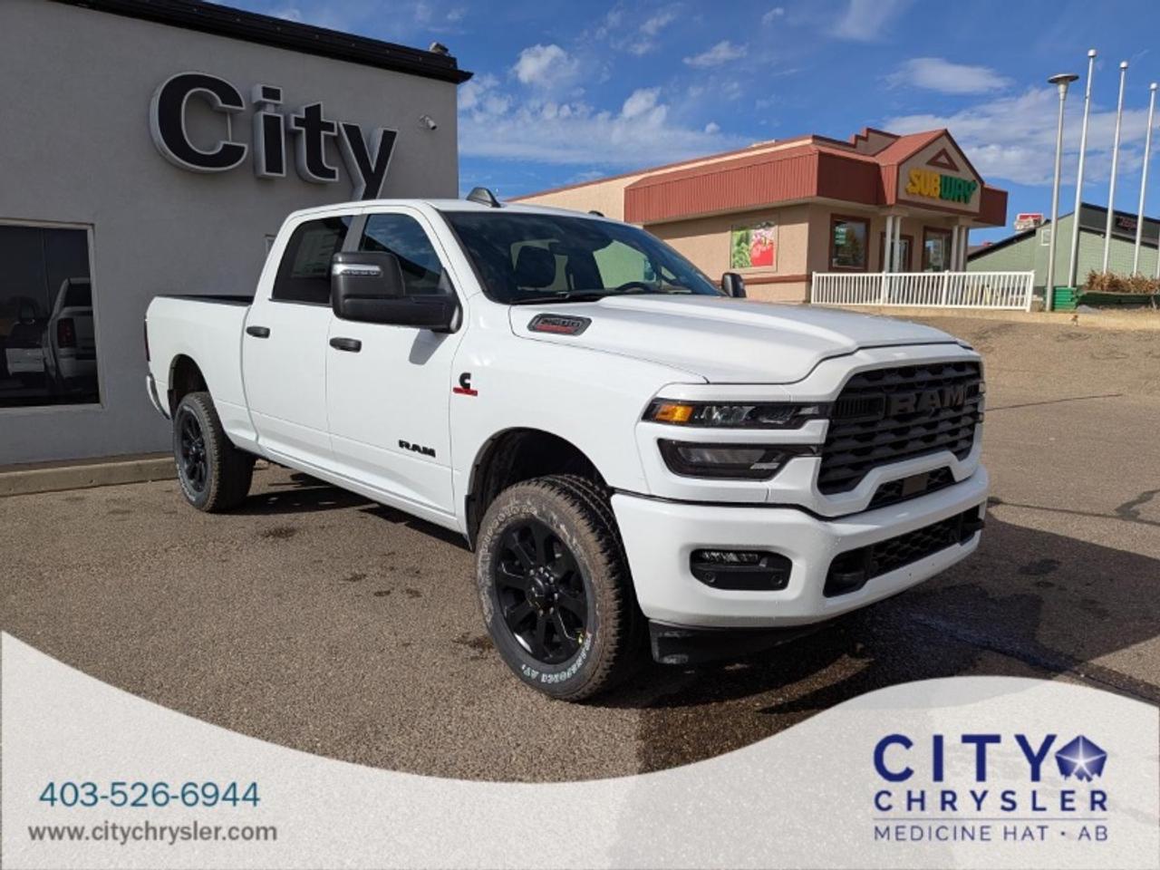 The 2026 RAM 2500 Big Horn Crew Cab is a powerhouse truck equipped for demanding tasks. With a 6.7L Cummins turbo diesel engine producing 430 horsepower and a 4WD drivetrain it offers the strength and control needed for heavy-duty towing and hauling. This model features a short bed single rear wheels and a comfortable crew cab interior combining work-ready capability with everyday comfort. Whether youre on the job site or hitting the road with gear in tow the RAM 2500 Big Horn delivers.**Specifications:****Make:** RAM**Model Year:** 2026**Model:** 2500**Trim:** Big Horn**Body Class:** Pickup**Drive Type:** 4WD/4-Wheel Drive/4x4**Engine:** 6.7L I6 Cummins Turbo Diesel**Engine Configuration:** In-Line**Engine Number of Cylinders:** 6**Fuel Type:** Diesel**Engine Power:** 430 hp**Cab Type:** Crew Cab**Bed Type:** Short**Brake System Type:** Hydraulic**Steering:** Left-Hand Drive (LHD)**Seat Belt Type:** Manual**Vehicle Type:** Truck**GVWR:** Class 3: 10001 - 14000 lbServing Medicine Hat Alberta and nearby communities like Taber Lethbridge Brooks and Maple Creek Saskatchewan we uphold a legacy of excellence in every vehicle we sell. Our dealership sets the standard for Jeep Dodge Ram and Chrysler providing exceptional service and a commitment you can trust.