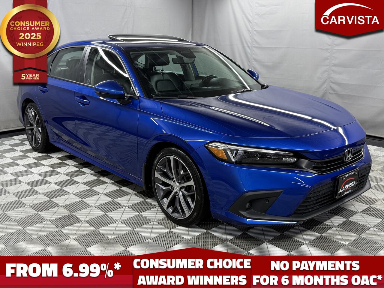 CONSECUTIVE COMSUMER CHOICE AWARD WINNERS!

LEATHER HEATED SEATS/STEERING WHEEL, HEATED REAR SEATS, SUNROOF, NAVIGATION, REVERSE CAMERA, LANE ASSIST, ADAPTIVE CRUISE CONTROL, WIRELESS CHARGING, NO ACCIDENTS, FACTORY WARRANTY, 1 OWNER

Experience premium comfort and advanced technology in this Aegean Blue Metallic 2022 Honda Civic Sedan Touring, a one-owner, no accident vehicle that perfectly blends sporty style with everyday practicality. Backed by a factory powertrain warranty until March 23, 2027, or 100,000 KM, youll enjoy confidence and peace of mind for years to come.

Inside, youll find a refined and comfortable cabin featuring heated front and rear seats, a heated steering wheel, and dual zone climate control for year round comfort. Stay connected and entertained with built in navigation, wireless charging, and a premium audio system, while the power sunroof adds an open air touch to every drive.

Safety and convenience are top priorities with lane assist, adaptive cruise control, a reverse camera, and remote start. Combining standout design, advanced features, and Hondas legendary reliability, this Civic Touring delivers a truly elevated driving experience.

5 years running, consecutive receivers of the prestigious Consumer Choice Award in 2021, 2022, 2023, 2024 and 2025! Low rate dealer arranged financing available! 
At Carvista we offer a unique buying experience, with no deceiving finance gimmicks and trades are welcome but not required! Carvista is a family operated business that has been in business for over 25 years, and has earned a A+ BBB Accreditation and outstanding consumer accolades. Offering 175 quality pre-owned vehicles, all are certified and Carfax verified, most with remaining factory warranty and a modern facility located on Winnipegs Regent Ave strip. We welcome you to visit us at 1201 Regent Ave W, at Carvista, and drive away in a like new vehicle for less. In many cases we can offer no payments for 6 months! Dont let your trade or credit stop you, we accept any kind, any time. CARVISTA.CA, "Where the deals are".
 Prices and payments exclude GST OR PST Carvista Inc. 
Dealer Permit # 1211, Category: Used Vehicle 
Please verify all ad details with a Carvista sales person, vehicle may not be exactly as shown.