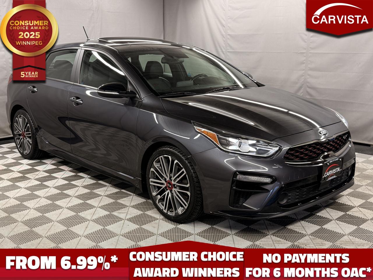 LEATHER HEATED/VENTILATED SEATS, HEATED STEERING WHEEL, NAVIGATION, REVERSE CAMERA, BLIND SPOT MONITORING, LANE ASSIST, ADAPTIVE CRUISE CONTROL, LANE ASSIST, SUNROOF, DUAL CLIMATE CONTROLS, ANDROID/APPLE CARPLAY, HEATED REAR SEATS, NO ACCIDENTS

Experience sporty performance and premium comfort in this 2021 Kia Forte5 GT Limited, a hatchback that perfectly blends practicality with excitement. This no accident, well maintained vehicle is ready for its next driver.

Powered by a 1.6L turbocharged engine paired with a 7 speed dual clutch automatic transmission, the Forte5 GT Limited delivers responsive handling and impressive efficiency. Inside, enjoy a refined interior featuring leather seats, heated and ventilated front seats, a heated steering wheel, dual-zone climate control, and a power sunroof.

Stay connected and confident with Apple CarPlay, Android Auto, navigation, wireless charging, adaptive cruise control, lane-keep assist, blind-spot monitoring, and a rearview camera. The 18 inch alloy wheels, LED lighting, and sporty GT styling give it a sharp, performance-inspired look.

Whether youre commuting or exploring, this 2021 Kia Forte5 GT Limited delivers modern features, spirited driving, and peace of mind in one stylish package.

5 years running, consecutive receivers of the prestigious Consumer Choice Award in 2021, 2022, 2023, 2024 and 2025! Low rate dealer arranged financing available! 
At Carvista we offer a unique buying experience, with no deceiving finance gimmicks and trades are welcome but not required! Carvista is a family operated business that has been in business for over 25 years, and has earned a A+ BBB Accreditation and outstanding consumer accolades. Offering 175 quality pre-owned vehicles, all are certified and Carfax verified, most with remaining factory warranty and a modern facility located on Winnipegs Regent Ave strip. We welcome you to visit us at 1201 Regent Ave W, at Carvista, and drive away in a like new vehicle for less. In many cases we can offer no payments for 6 months! Dont let your trade or credit stop you, we accept any kind, any time. CARVISTA.CA, "Where the deals are".
 Prices and payments exclude GST OR PST Carvista Inc. 
Dealer Permit # 1211, Category: Used Vehicle 
Please verify all ad details with a Carvista sales person, vehicle may not be exactly as shown.