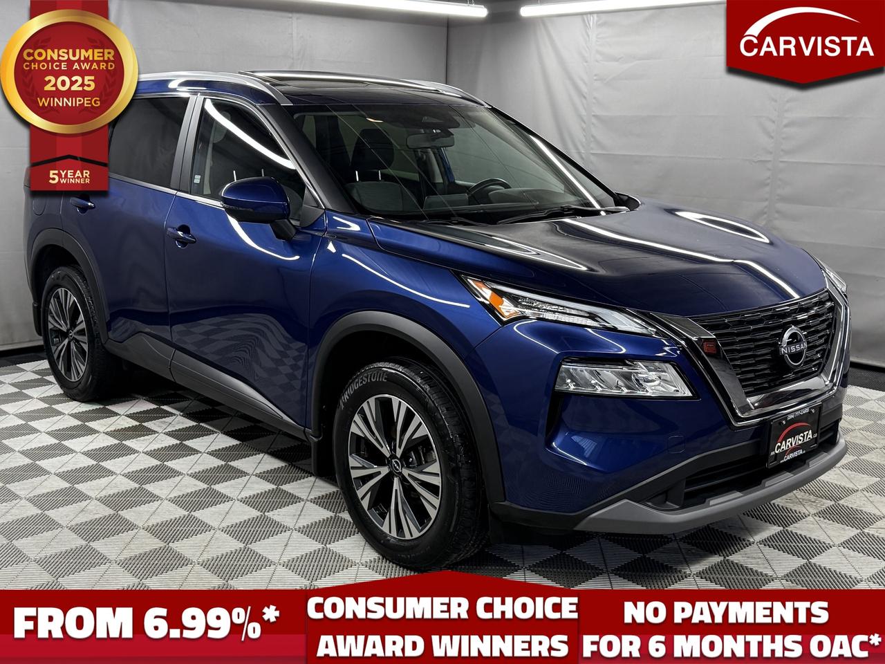 CONSECUTIVE COMSUMER CHOICE AWARD WINNERS!

HEATED SEATS/STEERING WHEEL, PANORAMIC SUNROOF, DUAL CLIMATE CONTROLS, REVERSE CAMERA/360, BLIND SPOT MONITORING, ANDROID/APPLE CARPLAY, ADAPTIVE CRUISE CONTROL, REMOTE START, NO ACCIDENTS, 1 OWNER, FACTORY WARRANTY

Experience comfort, capability, and confidence in this 2023 Nissan Rogue SV AWD, a one owner, accident free SUV thats loaded with premium features and backed by comprehensive factory warranty coverage. Enjoy peace of mind with a comprehensive warranty until September 27, 2026 (or 60,000 KM) and a powertrain warranty until September 27, 2028 (or 100,000 KM).

Equipped with All-Wheel Drive, the Rogue delivers dependable traction and smooth performance in all conditions. Inside, youll find a refined and spacious cabin featuring heated front seats, a heated steering wheel, remote start, and dual-zone climate control for year round comfort. The panoramic sunroof adds an open, airy feel for both driver and passengers.

Stay safe and connected with advanced technology including adaptive cruise control, a 360&deg; Around View Monitor with reverse camera, blind spot monitoring and lane departure warning. The intuitive infotainment system offers Apple CarPlay, Android Auto, and hands free connectivity to keep you in control.

Stylish, versatile, and exceptionally well equipped, this 2023 Rogue SV AWD combines modern design, advanced safety, and all-weather confidence, ready for your next adventure.

5 years running, consecutive receivers of the prestigious Consumer Choice Award in 2021, 2022, 2023, 2024 and 2025! Low rate dealer arranged financing available! 
At Carvista we offer a unique buying experience, with no deceiving finance gimmicks and trades are welcome but not required! Carvista is a family operated business that has been in business for over 25 years, and has earned a A+ BBB Accreditation and outstanding consumer accolades. Offering 175 quality pre-owned vehicles, all are certified and Carfax verified, most with remaining factory warranty and a modern facility located on Winnipegs Regent Ave strip. We welcome you to visit us at 1201 Regent Ave W, at Carvista, and drive away in a like new vehicle for less. In many cases we can offer no payments for 6 months! Dont let your trade or credit stop you, we accept any kind, any time. CARVISTA.CA, "Where the deals are".
 Prices and payments exclude GST OR PST Carvista Inc. 
Dealer Permit # 1211, Category: Used Vehicle 
Please verify all ad details with a Carvista sales person, vehicle may not be exactly as shown.