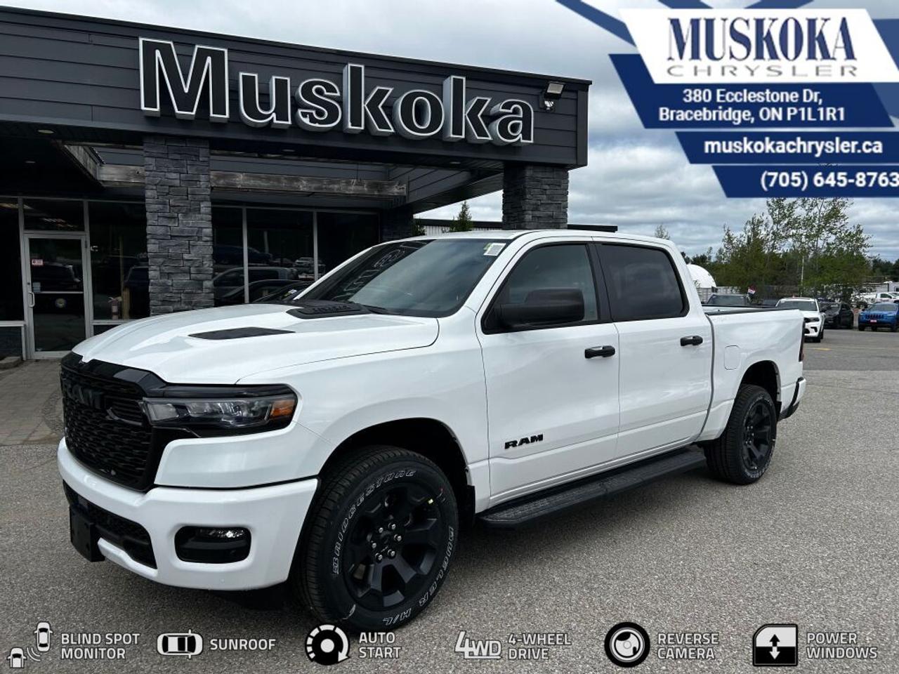 This RAM 1500 EXPRESS, with a 3.0L I-6 twin turbo engine engine, features a 8-speed automatic transmission, and generates 9.8 highway/14 city L/100km. Find this vehicle with only 20 kilometers!  RAM 1500 EXPRESS Options: This RAM 1500 EXPRESS offers a multitude of options. Technology options include: Voice Recorder, 2 LCD Monitors In The Front, MP3 Capability, Radio w/Seek-Scan, Clock, Speed Compensated Volume Control, Aux Audio Input Jack, Voice Activation, Radio Data System and External Memory Control, Satellite Radio.  Safety options include Variable Intermittent Wipers, Airbag Occupancy Sensor, Curtain 1st And 2nd Row Airbags, Dual Stage Driver And Passenger Front Airbags, Dual Stage Driver And Passenger Seat-Mounted Side Airbags.  Visit Us: Find this RAM 1500 EXPRESS at Muskoka Chrysler today. We are conveniently located at 380 Ecclestone Dr Bracebridge ON P1L1R1. Muskoka Chrysler has been serving our local community for over 40 years. We take pride in giving back to the community while providing the best customer service. We appreciate each and opportunity we have to serve you, not as a customer but as a friend