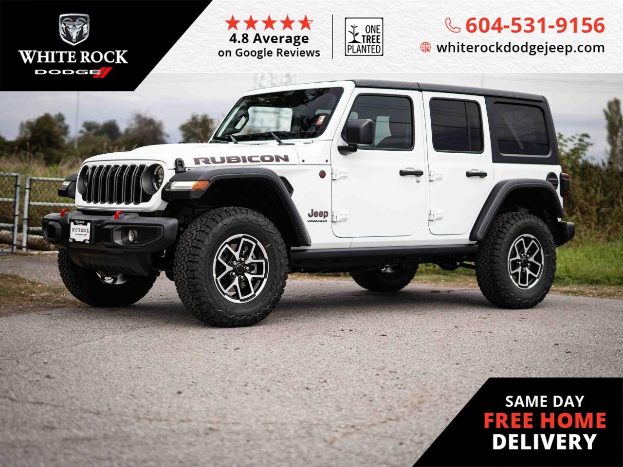 Ready for a rugged adventure? ALLOY WHEELS, SKID PLATES, TRAILER SWAY CONTROL, TRACKER SYSTEMdiscover a Jeep that's built to conquer Surrey's diverse landscapes with confidence.<p></p><p>Elevate your off-roading experience with the 2025 Jeep Wrangler Rubicon, a vehicle that truly embodies the spirit of outdoor freedom. Dressed in a pristine White exterior and featuring a bold Black interior, this Wrangler is more than just eye candy; it's a promise of adventure with its robust 3.6L 6-cylinder Gas engine. Command the respect of any road with its formidable 4x4 capability and navigate through any terrain with the aid of SKID PLATES that protect your undercarriage from rough encounters.</p><p></p><p>With TRAILER SWAY CONTROL, towing equipment becomes an extension of your vehicle, ensuring stability and safety. The TRAILER HITCH is ready for your gear, enabling you to bring along everything you need for your journey. As night falls, FULLY AUTOMATIC HEADLIGHTS illuminate your path, while HEATED DOOR MIRRORS offer clear visibility in cooler temperatures.</p><p></p><p>Inside, a DUAL FRONT ZONE A/C creates a climate oasis, and you'll enjoy personalized comfort with MANUAL DRIVER LUMBAR SUPPORT. For peace of mind on the go, the TRACKER SYSTEM keeps your Wrangler within reach, and ILLUMINATED ENTRY ensures a welcoming return to your vehicle after a day of exploration.</p><p></p><p>It's not just a Jeep; it's a testament to engineering excellence, ready to redefine your driving experience. Embrace the spirit of adventure with the 2025 Jeep Wrangler Rubicon. Stock # S653187.</p>
