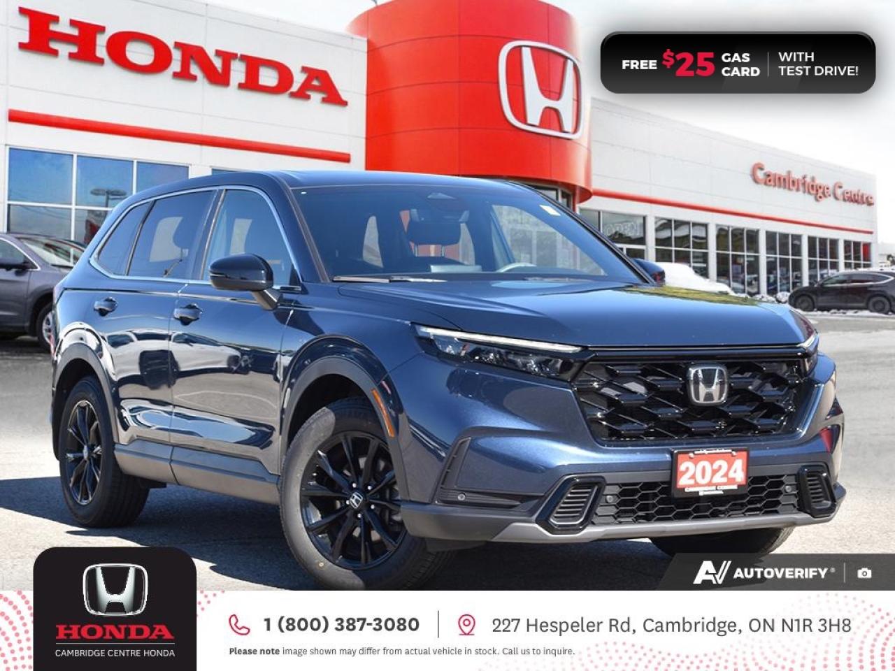 <p><strong>HONDA CERTIFIED USED VEHICLE! GREAT CR-V! NO REPORTED ACCIDENTS! TEST DRIVE TODAY! </strong>2024 Honda CR-V Hybrid EX-L featuring CVT transmission, five passenger seating, remote engine starter, rearview camera with dynamic guidelines, power sunroof, Apple CarPlay and Android Auto connectivity, Siri® Eyes Free compatibility, ECON mode, steering wheel mounted controls, cruise control, air conditioning, dual climate zones, heated front seats, 12V power outlet, proximity key entry, push button start, Idle stop, power mirrors, power locks, power windows, 60/40 split fold-down rear seatback, Anchors and Tethers for Children (LATCH), The Honda Sensing Technologies - Adaptive Cruise Control, Forward Collision Warning system, Collision Mitigation Braking system, Lane Departure Warning system, Lane Keeping Assist system, Road Departure Mitigation system, Traffic Jam Assist and Rear Cross Traffic Monitor, remote keyless entry, LED daytime running lights, electronic stability control and anti-lock braking system. Contact Cambridge Centre Honda for special discounted finance rates, as low as 8.99%, on approved credit from Honda Financial Services.</p>

<p><span style=color:#ff0000><strong>FREE $25 GAS CARD WITH TEST DRIVE!</strong></span></p>

<p>Our philosophy is simple. We believe that buying and owning a car should be easy, enjoyable and transparent. Welcome to the Cambridge Centre Honda Family! Cambridge Centre Honda proudly serves customers from Cambridge, Kitchener, Waterloo, Brantford, Hamilton, Waterford, Brant, Woodstock, Paris, Branchton, Preston, Hespeler, Galt, Puslinch, Morriston, Roseville, Plattsville, New Hamburg, Baden, Tavistock, Stratford, Wellesley, St. Clements, St. Jacobs, Elmira, Breslau, Guelph, Fergus, Elora, Rockwood, Halton Hills, Georgetown, Milton and all across Ontario!</p>