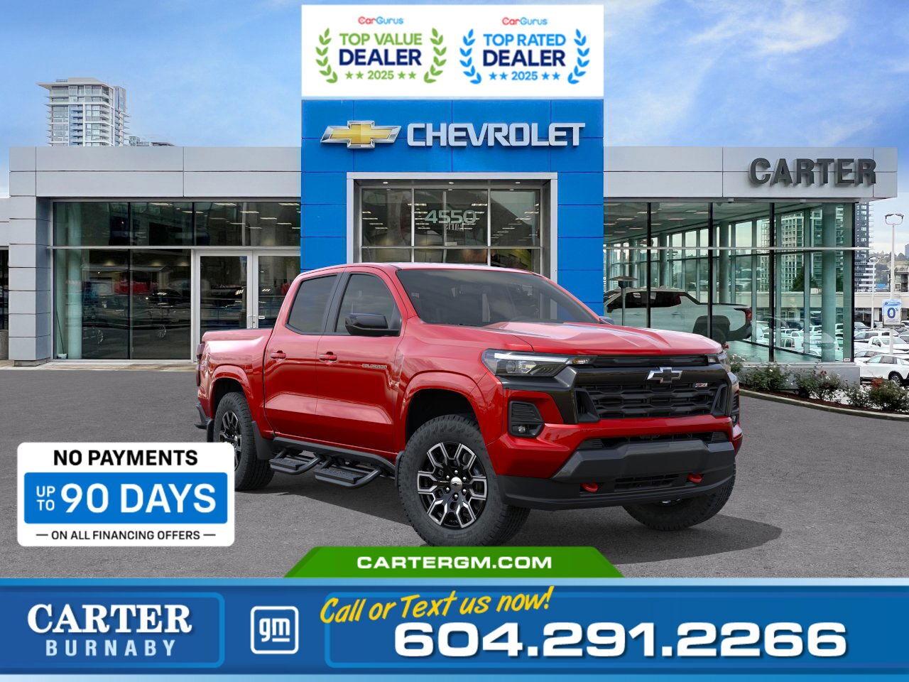 Purchase your new vehicle today and enjoy NO PAYMENTS FOR UP TO 90 DAYS. Upgrade with confidence, without stretching your budget!  Take command of every road with the 2026 Chevrolet Colorado Z71, powered by a 2.7L TurboMax engine and featuring an Advanced Trailering Package with Trailer Brake Controller to deliver power and capability, while Blind Zone Steering Assist with Trailering, Hitch View, and Rear Park Assist make towing effortless. Inside, enjoy 8-way power driver seating with lumbar support, dual-zone climate control, rear vents, and an 11" digital driver display. Stay connected with Wi-Fi hotspot, secure with a theft-deterrent system, and get a hand with the EZ-Lift tailgate that adds convenience to every job or adventure.  Come take it for a test drive today and experience all this stylish vehicle has to offer!  WHY CARTER GM BURNABY?  - An unrivalled vehicle purchasing experience! - Exceeding our loyal customers expectations since 1963 - 4.5 Google star rating with 2,175+ customer reviews) - CarGurus Top-Rated Dealer 2025 Award - CarGurus Top Value Dealer 2025 Award - Vehicle trades welcome! Best price guaranteed! - We provide upfront pricing, zero hidden fees, and 100% transparency - Fast approvals and 99% acceptance rates (no matter your current credit status!) - Multilingual staff (many languages spoken) - Comfortable non-pressured environment with in-store television, WIFI and a childrens play area! - In-store restaurant: fresh daily menu        Were here to help you drive the vehicle you want, the vehicle you deserve! QUESTIONS? GREAT! WEVE GOT ANSWERS! To speak with a friendly vehicle specialist - CALL NOW! (Doc. Fee: $495.00 Dealer Code: D5505)