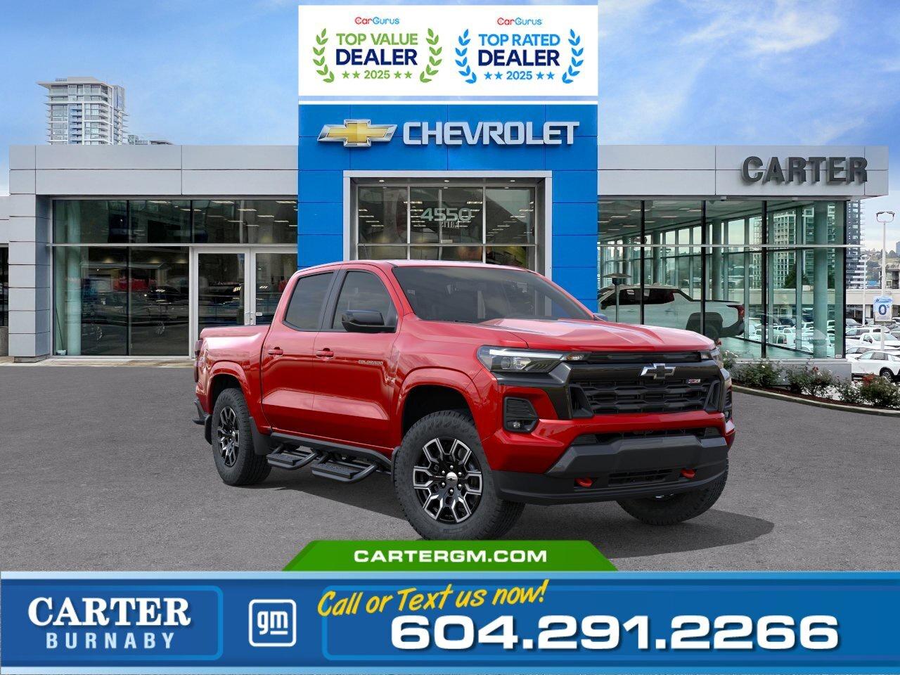 Take command of every road with the 2026 Chevrolet Colorado Z71, powered by a 2.7L TurboMax engine and featuring an Advanced Trailering Package with Trailer Brake Controller to deliver power and capability, while Blind Zone Steering Assist with Trailering, Hitch View, and Rear Park Assist make towing effortless. Inside, enjoy 8-way power driver seating with lumbar support, dual-zone climate control, rear vents, and an 11" digital driver display. Stay connected with Wi-Fi hotspot, secure with a theft-deterrent system, and get a hand with the EZ-Lift tailgate that adds convenience to every job or adventure.  Come take it for a test drive today and experience all this stylish vehicle has to offer!  WHY CARTER GM BURNABY?  - An unrivalled vehicle purchasing experience! - Exceeding our loyal customers expectations since 1963 - 4.5 Google star rating with 2,300+ customer reviews) - CarGurus Top-Rated Dealer 2025 Award - CarGurus Top Value Dealer 2025 Award - Vehicle trades welcome! Best price guaranteed! - We provide upfront pricing, zero hidden fees, and 100% transparency - Fast approvals and 99% acceptance rates (no matter your current credit status!) - Multilingual staff (many languages spoken) - Comfortable non-pressured environment with in-store television, WIFI and a childrens play area! - In-store restaurant: fresh daily menu        Were here to help you drive the vehicle you want, the vehicle you deserve! QUESTIONS? GREAT! WEVE GOT ANSWERS! To speak with a friendly vehicle specialist - CALL NOW! The advertised price includes all standard dealer fees and any applicable manufacturer or dealer incentives. It does not include applicable taxes, licensing, insurance, or optional products or services. Dealer fees will be clearly broken out and itemized on the bill of sale, maximum total of fees $595.00. Prices are shown in Canadian dollars. While we make every effort to ensure accuracy, vehicle details, pricing, options, and availability are subject to change without notice. Please confirm all information with dealership sales management before purchase. Dealer Code: 81129