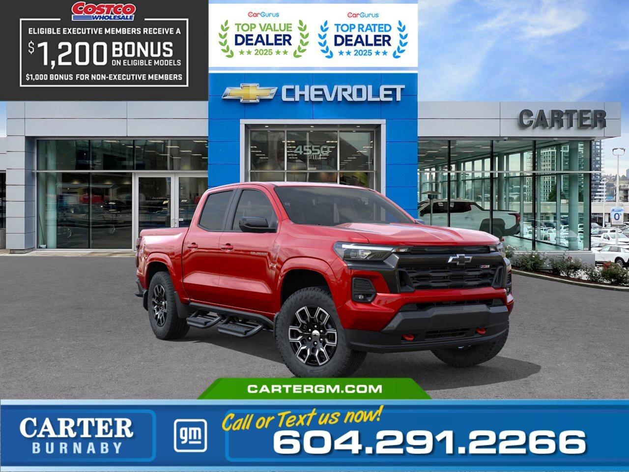 Save up to $1,200 instantly with your Costco membership at Carter GM Burnaby! Costco Executive Members can receive a $1,200 Bonus, while Non-Executive Members qualify for a $1,000 Bonus on select models. Combine your Costco member bonus with eligible manufacturer incentives for even greater value.  Visit us today or contact our team to confirm your eligibility and secure your Costco member savings before this limited-time offer ends.  Take command of every road with the 2026 Chevrolet Colorado Z71, powered by a 2.7L TurboMax engine and featuring an Advanced Trailering Package with Trailer Brake Controller to deliver power and capability, while Blind Zone Steering Assist with Trailering, Hitch View, and Rear Park Assist make towing effortless. Inside, enjoy 8-way power driver seating with lumbar support, dual-zone climate control, rear vents, and an 11" digital driver display. Stay connected with Wi-Fi hotspot, secure with a theft-deterrent system, and get a hand with the EZ-Lift tailgate that adds convenience to every job or adventure.  Come take it for a test drive today and experience all this stylish vehicle has to offer!  WHY CARTER GM BURNABY?  - An unrivalled vehicle purchasing experience! - Exceeding our loyal customers expectations since 1963 - 4.5 Google star rating with 2,300+ customer reviews) - CarGurus Top-Rated Dealer 2025 Award - CarGurus Top Value Dealer 2025 Award - Vehicle trades welcome! Best price guaranteed! - We provide upfront pricing, zero hidden fees, and 100% transparency - Fast approvals and 99% acceptance rates (no matter your current credit status!) - Multilingual staff (many languages spoken) - Comfortable non-pressured environment with in-store television, WIFI and a childrens play area! - In-store restaurant: fresh daily menu        Were here to help you drive the vehicle you want, the vehicle you deserve! QUESTIONS? GREAT! WEVE GOT ANSWERS! To speak with a friendly vehicle specialist - CALL NOW! The advertised price includes all standard dealer fees and any applicable manufacturer or dealer incentives. It does not include applicable taxes, licensing, insurance, or optional products or services. Dealer fees will be clearly broken out and itemized on the bill of sale, maximum total of fees $699.00. Prices are shown in Canadian dollars. While we make every effort to ensure accuracy, vehicle details, pricing, options, and availability are subject to change without notice. Please confirm all information with dealership sales management before purchase. Dealer Code: 81129