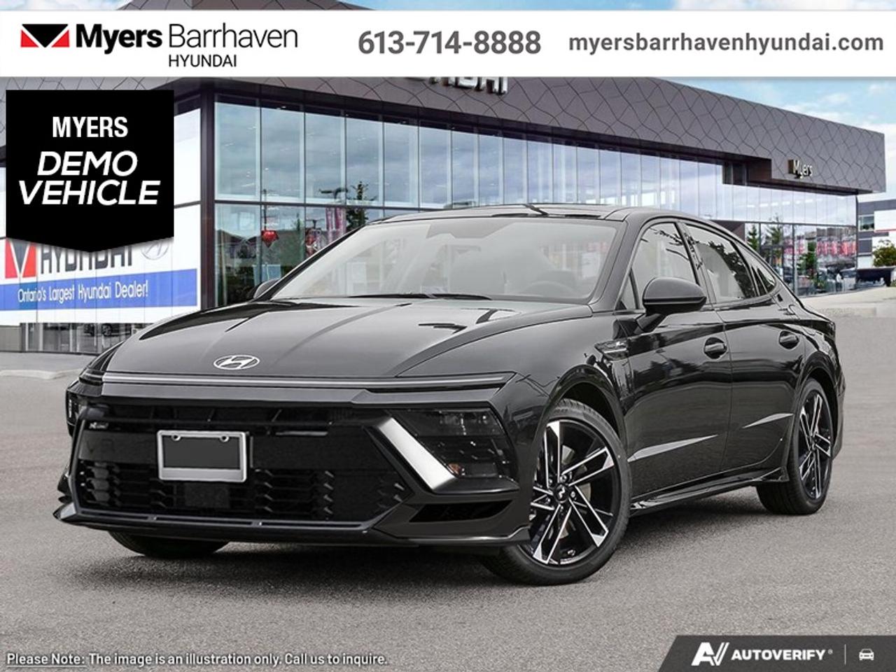 <b>Low Mileage, Sunroof,  Bose Premium Audio,  Navigation,  Heated Seats,  Heated Steering Wheel!</b><br> <br> <br> <br>From the sporty, ultramodern exterior to the tech-rich refinement inside, this 2026 Sonata continues to break new ground. <br> <br>This 2026 Sonata sets the sedan standard with a new, futuristic look, more premium features, and loads of tech upgrades both intelligent and intuitive. Head turning styling with incredibly balanced dynamics ensure that this sedan is a pleasure to both look at and to drive. A beautifully crafted interior with endless comfort make this 2026 Sonata the midsize sedan to beat.<br> <br>This Abyss Black sedan has an Automatic transmission and is powered by a 290HP 2.5L 4 Cylinder Engine. <br> <br> Our Sonatas trim level is N Line Ultimate. The cabin focuses on comfort and technology with heated front bucket seats, an 8-way power drivers seat with lumbar support and bolsters, leather/suede seating with red accents, dual-zone climate control, a heated leather steering wheel, metal-look trim, and a leatherette-upholstered dashboard, while the sliding and tilting glass sunroof for both rows is integrated early in the experience. A 12.3-inch Bose audio and navigation system adds wireless Android Auto and Apple CarPlay, SiriusXM, BlueLink services, real-time traffic, Bluetooth connectivity, smart trunk access, proximity key with push-button start, remote start functions, and a digital driver information centre. Safety technologies include Smart Cruise Control with Stop & Go, Lane Follow Assist, Lane Keep Assist with departure warning, Blind-Spot Collision Warning, Rear Cross-Traffic Collision-Avoidance Assist, Forward Collision-Avoidance Assist with pedestrian, cyclist, and junction detection, surround-view camera coverage, a driver monitoring system, a tire pressure monitoring system, and an extensive airbag suite including driver knee and rear side-impact units. This vehicle has been upgraded with the following features: Sunroof, Bose Premium Audio, Navigation, Heated Seats, Heated Steering Wheel, Smart Cruise Control, Remote Start. This is a demonstrator vehicle driven by a member of our staff, so we can offer a great deal on it.<br><br> <br/> See dealer for details. <br> <br> o~o