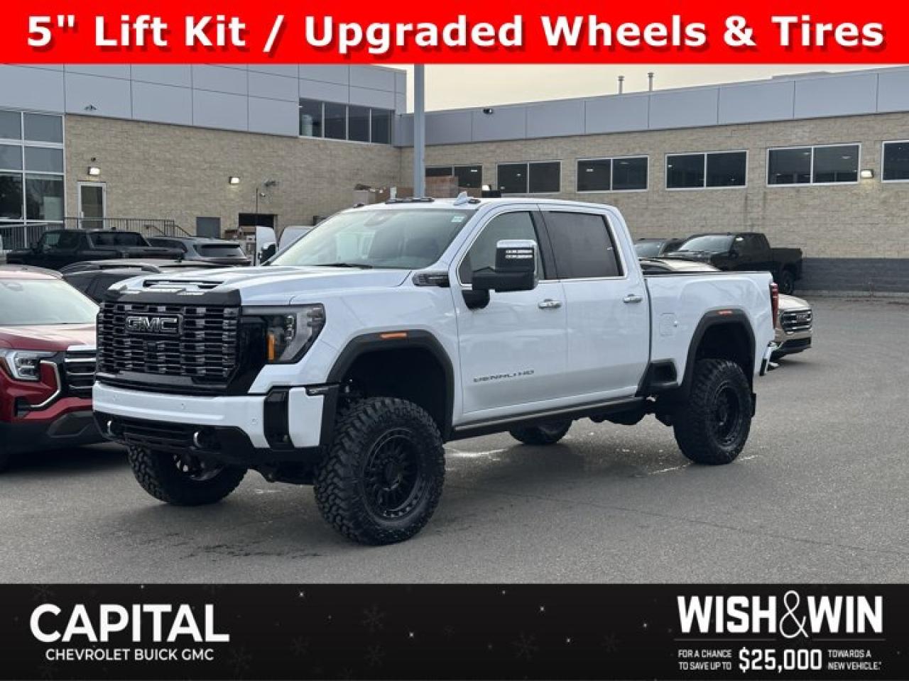 Accessories include: 5 inch lift kit, splash guards, upgraded wheels & tires.This GMC Sierra 3500HD delivers a Turbocharged Diesel V8 6.6L/ engine powering this Automatic transmission. TRANSMISSION, 10-SPEED AUTOMATIC (STD), REAR AXLE, 3.42 RATIO, PREMIUM FLOOR LINERS WITH REMOVABLE CARPET INSERT, FRONT.*This GMC Sierra 3500HD Features the Following Options *LPO, HITCH PACKAGE Gooseneck ball and chain tiedown kit with case, (dealer-installed), HEAVY DUTY FRONT SPRING/CAMPER PACKAGE Note: If ordered for Camper usage, recommend ordering (UY2) Trailering wiring provisions, GOOSENECK / 5TH WHEEL PREP PACKAGE -- Hitch platform to accept Gooseneck or 5th Wheel hitch. Includes hitch platform with tray to accept ball, stamped bed holes with removable caps installed and bed mounted 7-pin trailer harness (similar to UY2 harness). , POLAR WHITE TRICOAT, LPO, SPORT PEDAL COVER KIT (dealer-installed), LPO, BODY COLOUR WHEEL ARCH MOULDINGS (dealer-installed), HIGH IDLE SWITCH, ENGINE, DURAMAX 6.6L TURBO-DIESEL V8, B20-DIESEL COMPATIBLE (470 hp [350.5 kW] @ 2800 rpm, 975 lb-ft of torque [1322 Nm] @ 1600 rpm) (STD), DENALI ULTIMATE PREFERRED EQUIPMENT GROUP includes standard equipment, ALTERNATORS, DUAL, 220-AMPS PRIMARY, 170-AMPS AUXILIARY.*Visit Us Today *A short visit to Capital Chevrolet Buick GMC Inc. located at 13103 Lake Fraser Drive SE, Calgary, AB T2J 3H5 can get you a reliable Sierra 3500HD today!