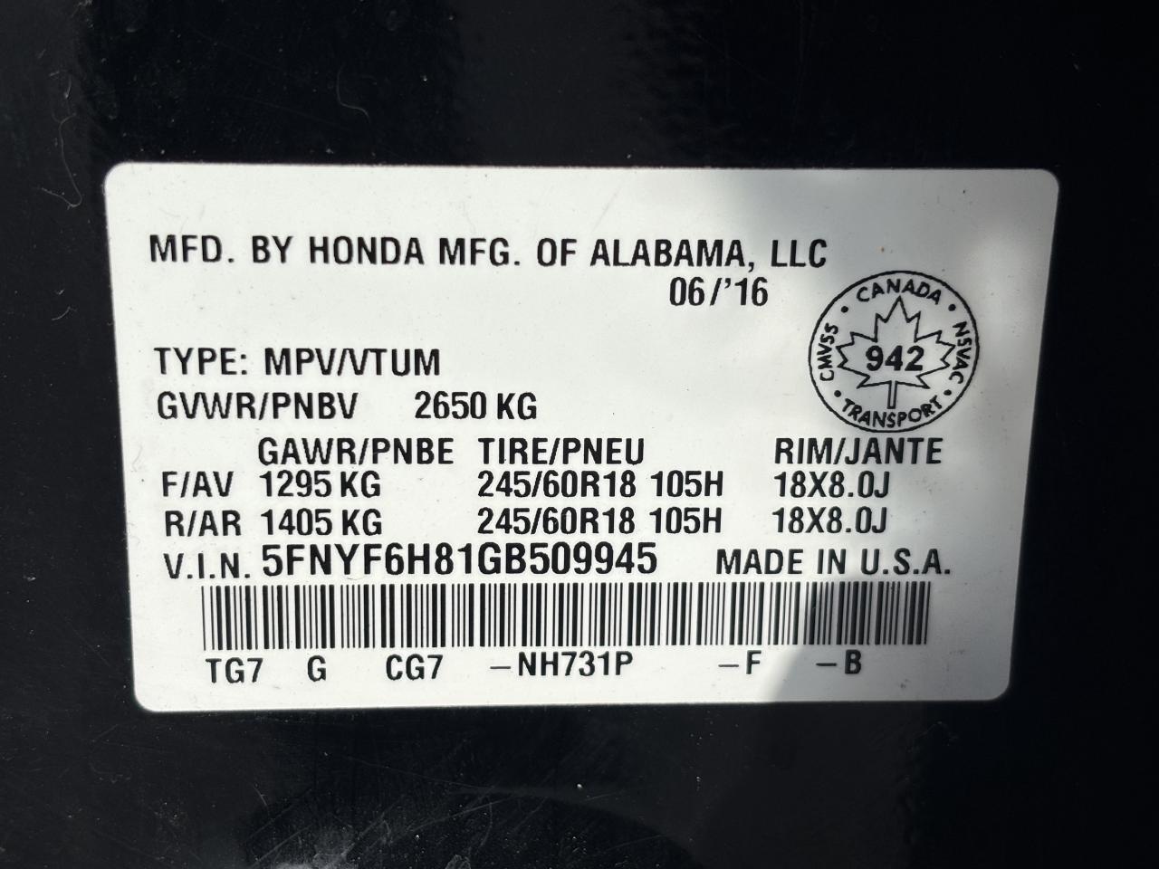 2016 Honda Pilot 4WD 4dr EX-L w/RES Photo