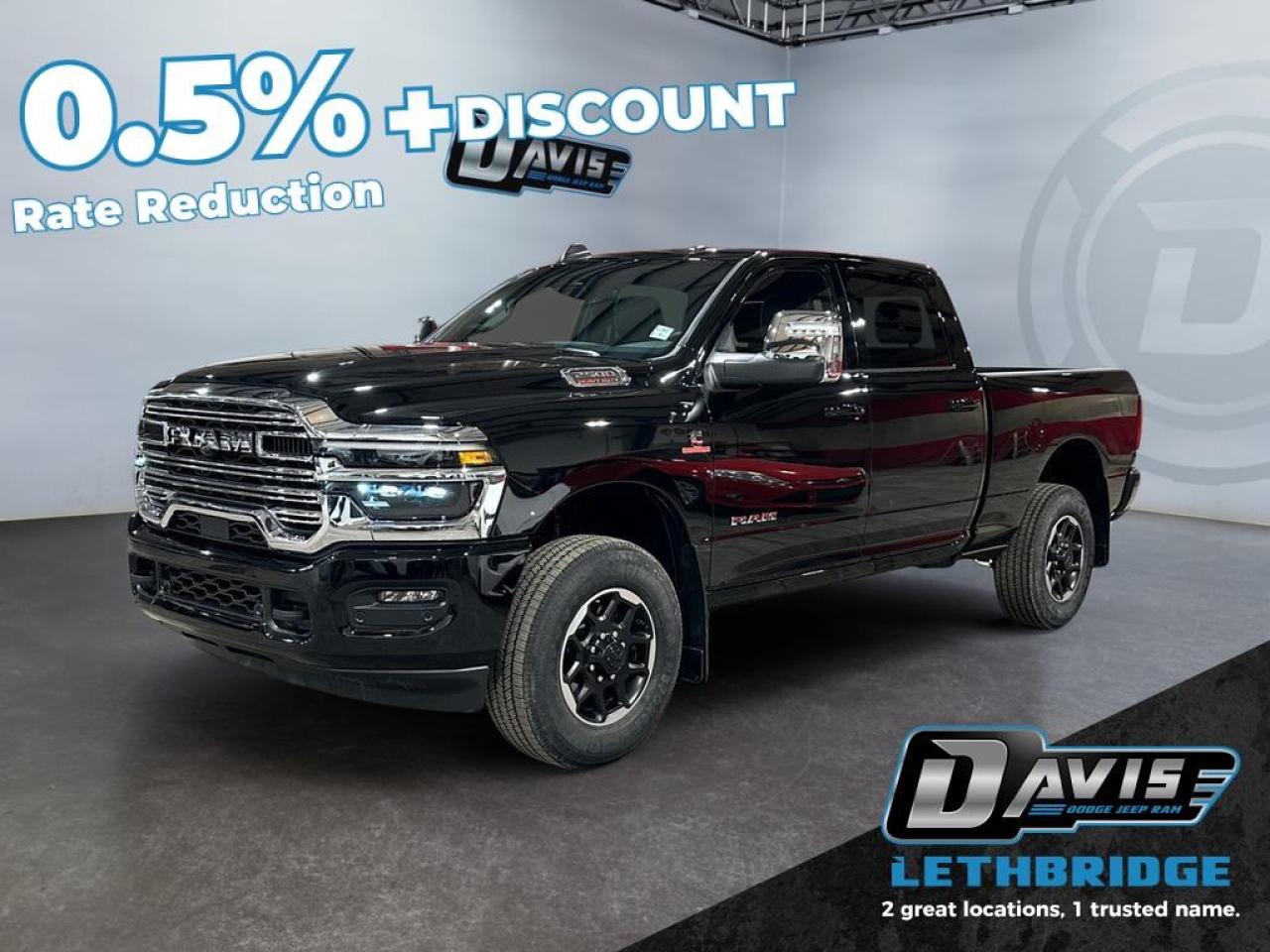 <b>Navigation, Blind Spot Detection, Remote Start, 5th Wheel and Gooseneck Prep!<br /> <br /></b><br /> <br /> <br />Experience premium capability with the 2026 Ram 2500 Laramie Crew Cab 4x4, powered by the 6.7L Cummins High-Output Turbo Diesel and 8-speed TorqueFlite HD transmission. Built for heavy-duty performance, it includes a 3.42 axle ratio, trailer brake control, Class V hitch, 5th-wheel/gooseneck prep, and advanced stability systems for confident towing.<br /><br />Its refined exterior features Diamond Black Crystal paint, chrome accents, LED projector headlamps, 18" Diamond-Cut aluminum wheels, and a dampened tailgate with a power-sliding rear window. Inside, enjoy leather-trimmed ventilated and heated seats, power-adjustable seating, dual-zone climate control, and a premium cabin with LED interior lighting and upgraded storage systems.<br /><br />Technology stands out with Uconnect 5 NAV and a 12" touchscreen, Apple CarPlay, Android Auto, Alexa Built-In, Wi-Fi hotspot, Alpine audio with subwoofer, rain-sensing wipers, remote start, blind-spot detection, ParkSense front/rear assist, and forward collision warning. This 2026 Ram 2500 Laramie blends luxury, power, and modern tech for work or everyday driving.<br /> <br />To apply right now for financing use this link: <a href=https://lethbridge.davisdodge.ca/free-credit-check/ target=_blank rel=nofollow noopener noreferrer>https://lethbridge.davisdodge.ca/free-credit-check/</a><br /><br /> <br /><br />As a premier Chrysler, Dodge, Jeep and RAM dealership, Davis Dodge proudly offers an extensive selection of new and used vehicles to meet every drivers needs. Customers across Lethbridge, Fort Macleod, Taber, Claresholm, Coaldale, and beyond trust us for daily vehicle specials, certified service and parts, and a seamless online inventory experience. <br /><br /> With competitive financing options and expert support, we make car buying easy and enjoyable. <br /><br /> Ready to hit the road? Schedule your test drive today at Davis Dodge, your trusted Chrysler, Dodge, Jeep and RAM dealer in Lethbridge, Alberta.<br /><br /> Vehicle pricing offer shown expires 2026-03-31. <br /> Come by and check out our fleet of 60+ used cars and trucks and 120+ new cars and trucks for sale in Lethbridge. o~o