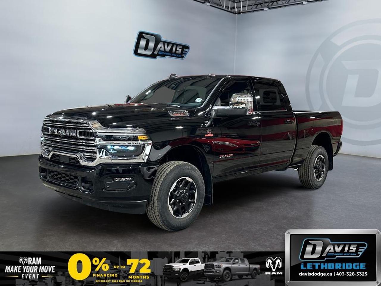 <b>Navigation, Blind Spot Detection, Remote Start, 5th Wheel and Gooseneck Prep!<br /> <br /></b><br /> Experience premium capability with the 2026 Ram 2500 Laramie Crew Cab 4x4, powered by the 6.7L Cummins High-Output Turbo Diesel and 8-speed TorqueFlite HD transmission. Built for heavy-duty performance, it includes a 3.42 axle ratio, trailer brake control, Class V hitch, 5th-wheel/gooseneck prep, and advanced stability systems for confident towing.<br /><br />Its refined exterior features Diamond Black Crystal paint, chrome accents, LED projector headlamps, 18" Diamond-Cut aluminum wheels, and a dampened tailgate with a power-sliding rear window. Inside, enjoy leather-trimmed ventilated and heated seats, power-adjustable seating, dual-zone climate control, and a premium cabin with LED interior lighting and upgraded storage systems.<br /><br />Technology stands out with Uconnect 5 NAV and a 12" touchscreen, Apple CarPlay, Android Auto, Alexa Built-In, Wi-Fi hotspot, Alpine audio with subwoofer, rain-sensing wipers, remote start, blind-spot detection, ParkSense front/rear assist, and forward collision warning. This 2026 Ram 2500 Laramie blends luxury, power, and modern tech for work or everyday driving.<br /> <br />To apply right now for financing use this link: <a href=https://lethbridge.davisdodge.ca/free-credit-check/ target=_blank rel=nofollow noopener noreferrer>https://lethbridge.davisdodge.ca/free-credit-check/</a><br /> <br /><br />As a premier Chrysler, Dodge, Jeep and RAM dealership, Davis Dodge proudly offers an extensive selection of new and used vehicles to meet every drivers needs. Customers across Lethbridge, Fort Macleod, Taber, Claresholm, Coaldale, and beyond trust us for daily vehicle specials, certified service and parts, and a seamless online inventory experience. <br /><br /> With competitive financing options and expert support, we make car buying easy and enjoyable. <br /><br /> Ready to hit the road? Schedule your test drive today at Davis Dodge, your trusted Chrysler, Dodge, Jeep and RAM dealer in Lethbridge, Alberta.<br /><br /> Vehicle pricing offer shown expires 2026-06-30. <br /> Come by and check out our fleet of 60+ used cars and trucks and 100+ new cars and trucks for sale in Lethbridge. o~o