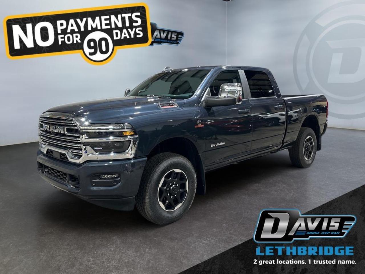 <b>Navigation, Heated and Cooled Seats, Blind Spot Detection, Remote Start, Heated Steering Wheel!<br /> <br /></b><br /> <br /> <br />The 2026 Ram 2500 Laramie Crew Cab 4x4 in Forged Blue Metallic is built for serious work with premium refinement. Powered by the 6.7L Cummins High-Output Turbo Diesel and an 8-speed TorqueFlite HD automatic, it adds an anti-spin rear differential, heavy-duty suspension, 5th-wheel/gooseneck prep, Class V hitch, trailer brake controller, and diesel exhaust brakedelivering confident towing and hauling capability.<br /><br />Inside, the Laramie blends durability with luxury through leather-trimmed heated and ventilated bucket seats, a heated steering wheel, dual-zone climate control, power 8-way front seats, and extensive smart storage including in-floor bins, a full-length console, and under-seat compartments. Convenience features like remote start, rain-sensing wipers, power-folding tow mirrors, deployable bed step, spray-in bedliner, and a power sliding rear window make everyday tasks easier.<br /><br />Tech and safety are fully upgraded with Uconnect 5 NAV on a 12" display, Apple CarPlay, Android Auto, Alexa Built-In, Wi-Fi hotspot, dual wireless charging pads, and Alpine premium audio. Advanced driver assists include adaptive cruise control, lane management, blind-spot detection, ParkSense front/rear assist, hitch lighting, traffic sign recognition, and emergency braking. This 2026 Ram 2500 Laramie offers top-tier comfort, advanced tech, and unstoppable diesel performance.<br /> <br />To apply right now for financing use this link: <a href=https://www.bridgecitychrysler.com/pre-approval/ target=_blank rel=nofollow noopener noreferrer>https://www.bridgecitychrysler.com/pre-approval/</a><br /><br /> <br /><br />As a premier Chrysler, Dodge, Jeep and RAM dealership, Bridge City Chrysler proudly offers an extensive selection of new and used vehicles to meet every drivers needs. Customers across Lethbridge, Fort Macleod, Taber, Claresholm, Coaldale, and beyond trust us for daily vehicle specials, certified service and parts, and a seamless online inventory experience. <br /><br /> With competitive financing options and expert support, we make car buying easy and enjoyable. <br /><br /> Ready to hit the road? Schedule your test drive today at Bridge City Chrysler, your trusted Chrysler, Dodge, Jeep and RAM dealer in Lethbridge, Alberta.<br /><br /> Vehicle pricing offer shown expires 2026-01-31. <br /> Come by and check out our fleet of 80+ used cars and trucks and 120+ new cars and trucks for sale in Lethbridge. o~o