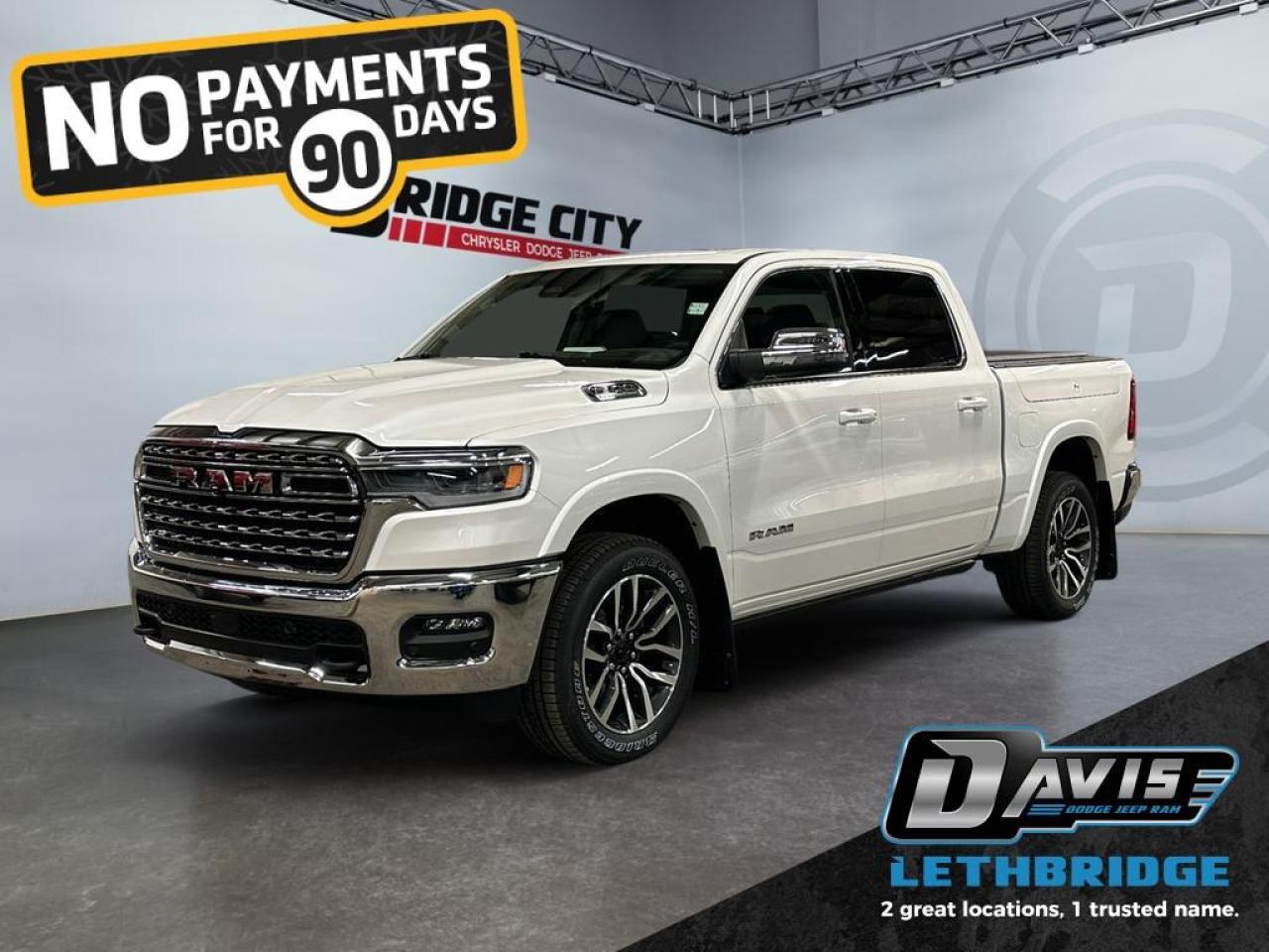<b>Power Tailgate, Power Running Boards, 19 Speaker Harman/Kardon Premium Audio, RAMBox, Heated and Cooled Seats!<br /> <br /></b><br /> <br /> <br />Experience unmatched luxury and capability with the 2026 Ram 1500 Limited Longhorn in Ivory White Tri-Coat. This 4x4 Crew Cab features a 3.0L I6 Hurricane HO Twin-Turbo engine paired with an 8-speed automatic transmission, delivering impressive towing and off-road performance. Enhanced with air suspension, Class IV receiver hitch, tow hooks, heavy-duty shocks, Mopar spray-in bedliner, and RAMBox cargo system, its built for both work and adventure.<br /><br />Inside, enjoy premium Longhorn leather seats with filigree stitching, ventilated and heated front and rear seats, 8-way power-adjustable driver and passenger seats with memory, heated steering wheel, and full-length premium floor console. The cabin features Uconnect 5 NAV 14.4 touchscreen, Apple CarPlay, Android Auto, GPS navigation, 19-speaker Harman Kardon audio, panoramic dual-pane sunroof, head-up display, rear passenger interactive display, and dual wireless charging.<br /><br />Safety and driver assistance are advanced with Adaptive Cruise Control with Stop & Go, Blind Spot & Cross Path Detection, Active Lane Management, Full-Speed Forward Collision Warning, Pedestrian Emergency Braking, Intersection Collision Assist, Traffic Sign Recognition, Evasive Steering Assist, and ParkSense Front/Rear Park Assist. Exterior highlights include LED lighting, chrome grille and Longhorn badges, power-deployable running boards, dual rear exhaust with bright tips, body-color bumpers, and exterior mirrors with memory and approach lamps.<br /> <br />To apply right now for financing use this link: <a href=https://www.bridgecitychrysler.com/pre-approval/ target=_blank rel=nofollow noopener noreferrer>https://www.bridgecitychrysler.com/pre-approval/</a><br /><br /> <br /><br />As a premier Chrysler, Dodge, Jeep and RAM dealership, Bridge City Chrysler proudly offers an extensive selection of new and used vehicles to meet every drivers needs. Customers across Lethbridge, Fort Macleod, Taber, Claresholm, Coaldale, and beyond trust us for daily vehicle specials, certified service and parts, and a seamless online inventory experience. <br /><br /> With competitive financing options and expert support, we make car buying easy and enjoyable. <br /><br /> Ready to hit the road? Schedule your test drive today at Bridge City Chrysler, your trusted Chrysler, Dodge, Jeep and RAM dealer in Lethbridge, Alberta.<br /><br /> Vehicle pricing offer shown expires 2026-01-31. <br /> Come by and check out our fleet of 80+ used cars and trucks and 120+ new cars and trucks for sale in Lethbridge. o~o