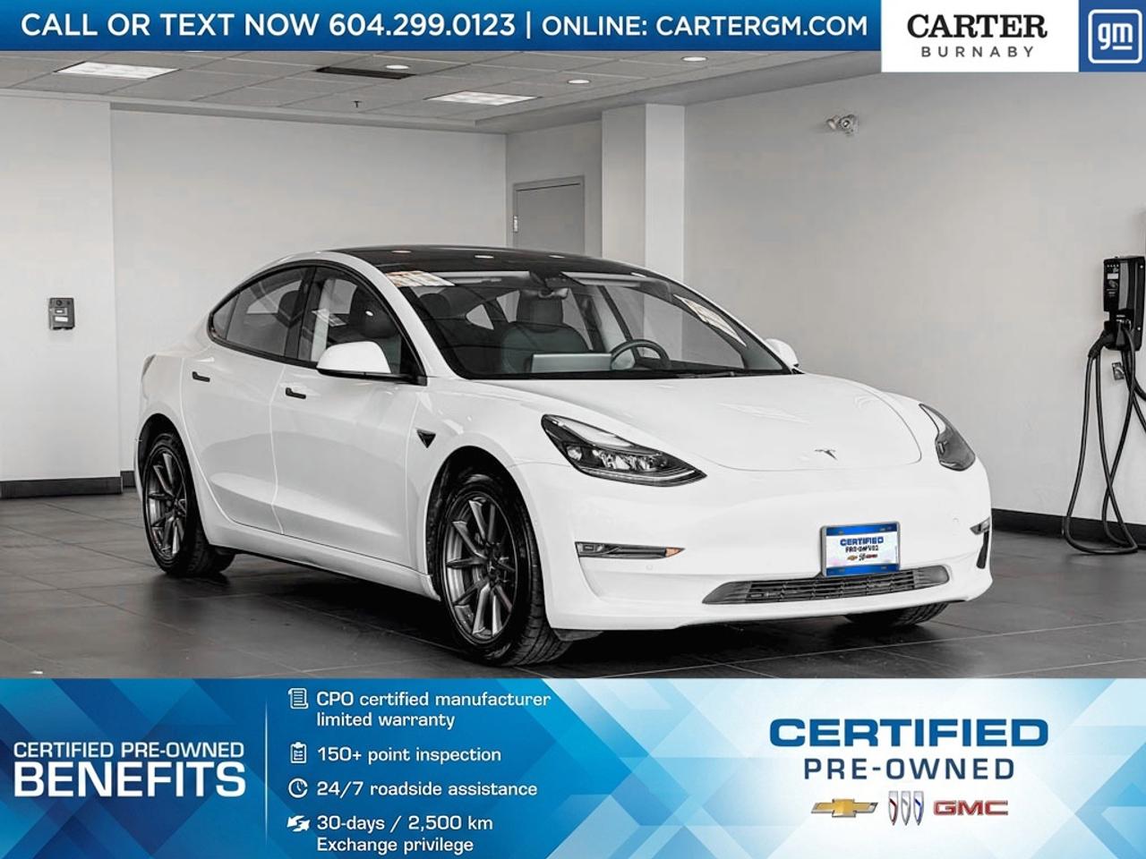 This 2022 Tesla Model 3 Standard Range features a minimalist interior dominated by a 15-inch touchscreen, a tinted glass roof, heated front and rear seats, and heated steering wheel as standard, powered by a single motor and rear-wheel drive. Key technology included Autopilot driver assistance, over-the-air software updates, and a 360-degree camera. Safety features like automatic emergency braking, lane departure warning, and blind-spot detection give you peace of mind.

Come take it for a test drive today and experience all this stylish vehicle has to offer!

WHY CARTER GM BURNABY?

- An unrivalled vehicle purchasing experience!
- Exceeding our loyal customers expectations since 1963
- 4.5 Google star rating (with 2,300+ customer reviews)
- Cargurus Top-rated Dealer 2025 Award
- Cargurus Top Value Dealer 2025 Award
- Peace of mind - 150-point vehicle inspection
- CARFAX - full vehicle service history - purchase with confidence!
- Vehicle trades welcome! Best price guaranteed!
- We provide upfront pricing, zero hidden fees, and 100% transparency
- Fast approvals and 99% acceptance rates (no matter your current credit status!)
- Multilingual staff (many languages spoken)
- Comfortable non-pressured environment with in-store television, WIFI and a childrens play area!
- In-store restaurant: fresh daily menu





Were here to help you drive the vehicle you want, the vehicle you deserve!
QUESTIONS? GREAT! WEVE GOT ANSWERS!
To speak with a friendly vehicle specialist - CALL NOW!
The advertised price includes all standard dealer fees and any applicable manufacturer or dealer incentives. It does not include applicable taxes, licensing, insurance, or optional products or services. Dealer fees will be clearly broken out and itemized on the bill of sale, maximum total of fees $595.00. Prices are shown in Canadian dollars. While we make every effort to ensure accuracy, vehicle details, pricing, options, and availability are subject to change without notice. Please confirm all information with dealership sales management before purchase. Dealer Code: 81129